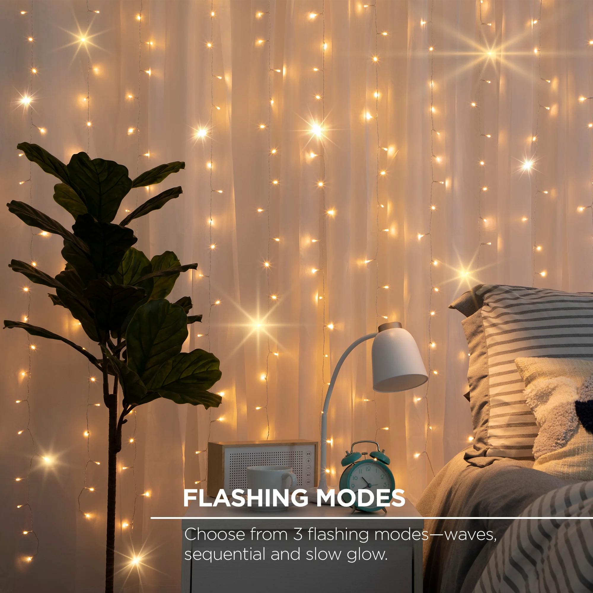 Merkury Innovations 200-Count Warm White LED Curtain String Lights with Remote, USB-Powered, Indoor Use, 7 ft x 6.2 ft, - Image 4