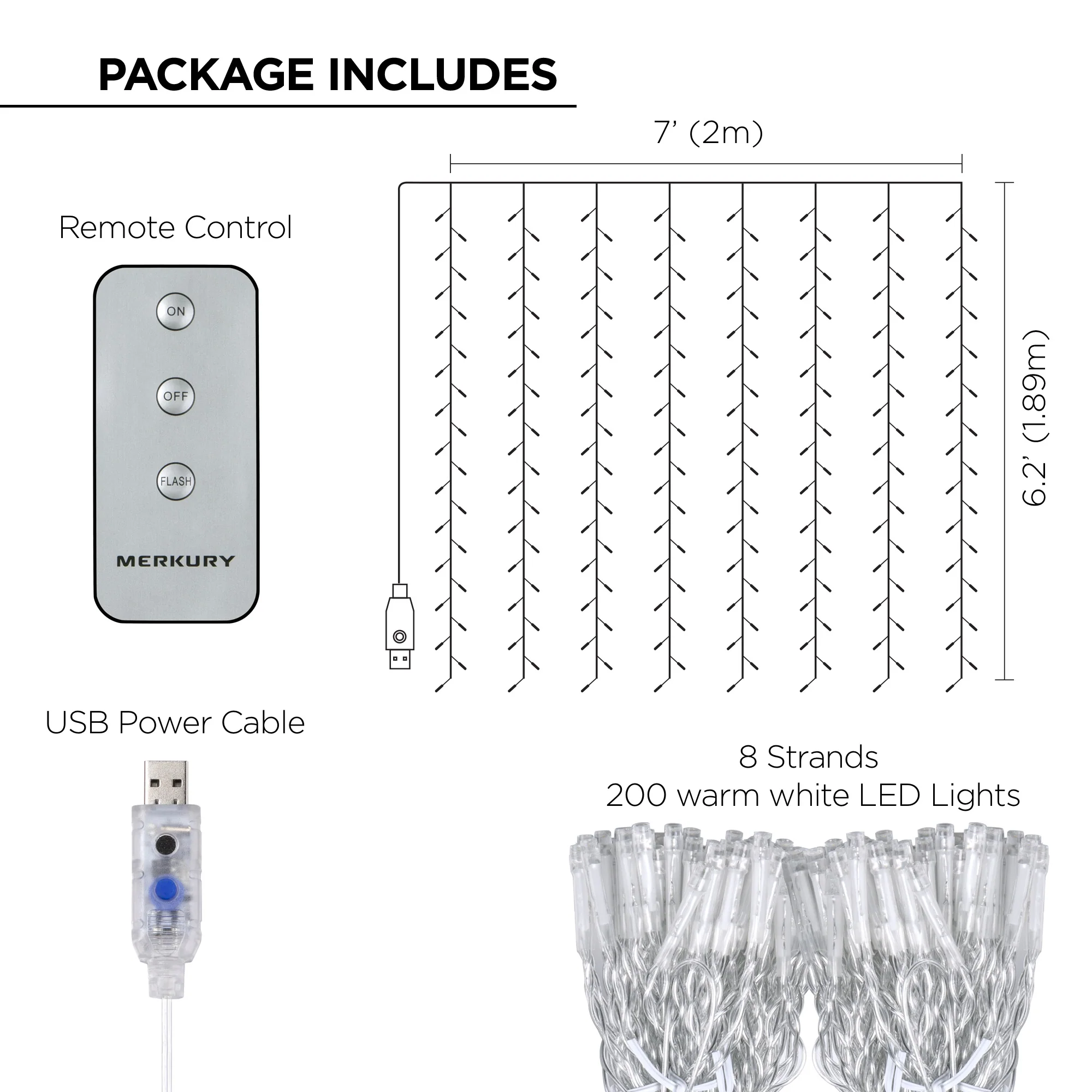 Merkury Innovations 200-Count Warm White LED Curtain String Lights with Remote, USB-Powered, Indoor Use, 7 ft x 6.2 ft, - Image 5