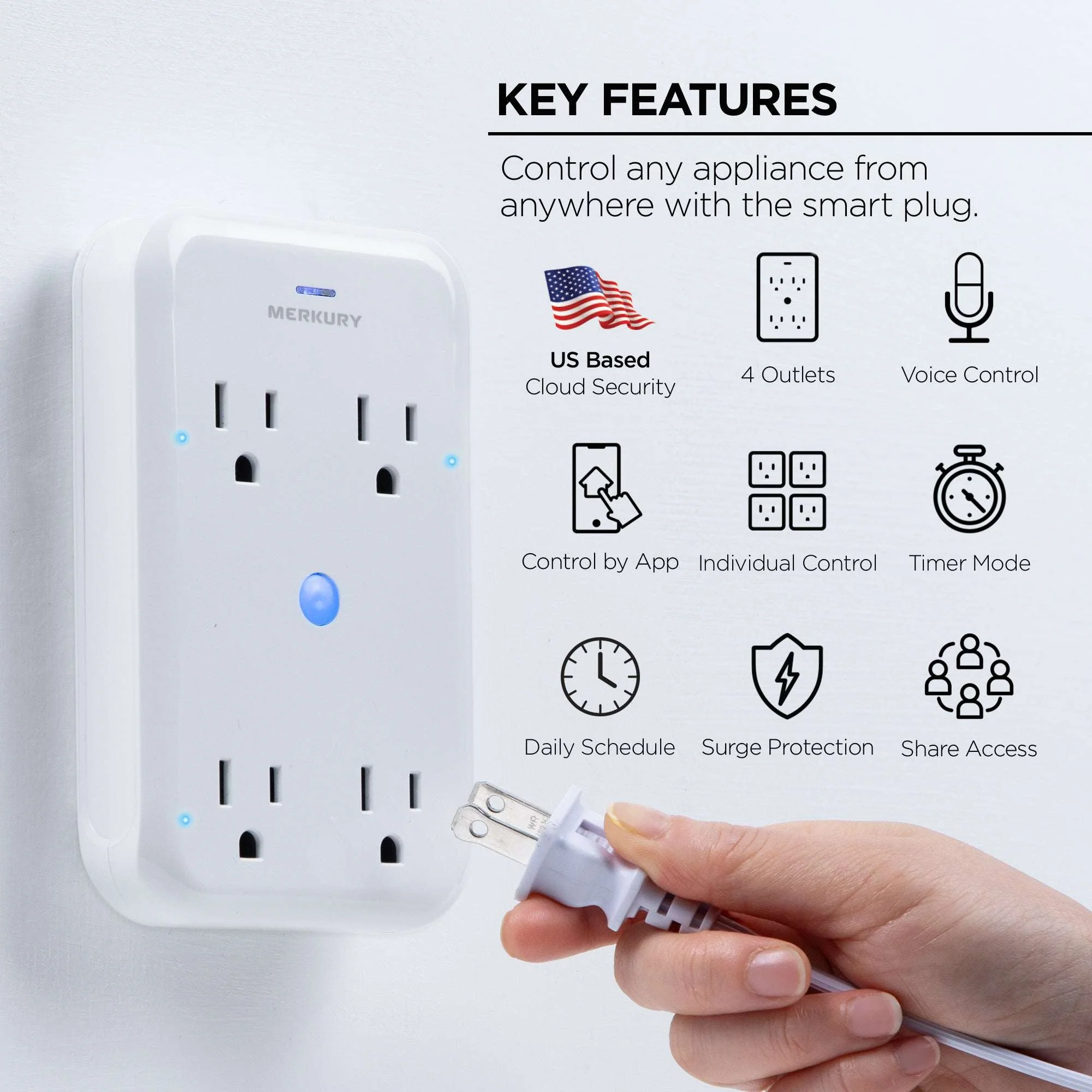 Merkury Innovations Smart 4-Outlet Wall Extender, 15A 1800W, Wi-Fi Enabled, Works with Alexa & Google Assistant – White - Image 2