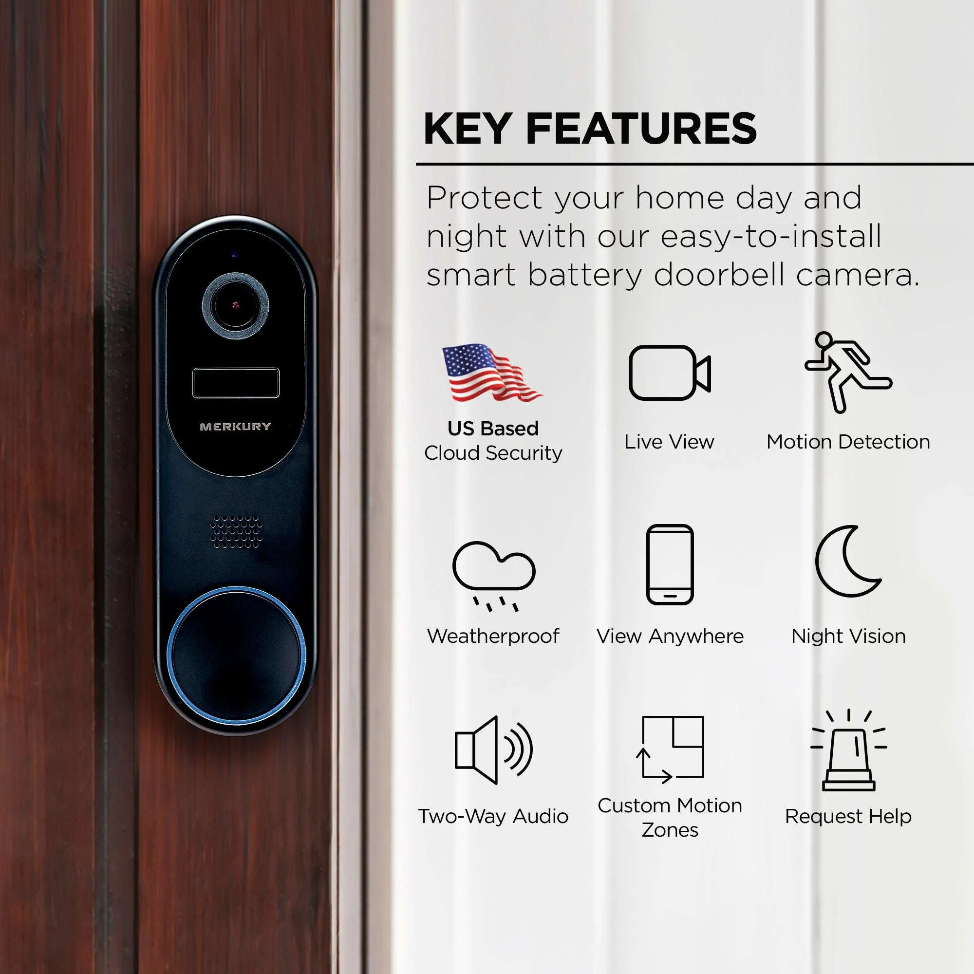 Merkury Smart Doorbell Camera - Wire-Free Battery Cam with Chime & Intelligent Alerts (1-Pack) - Image 2
