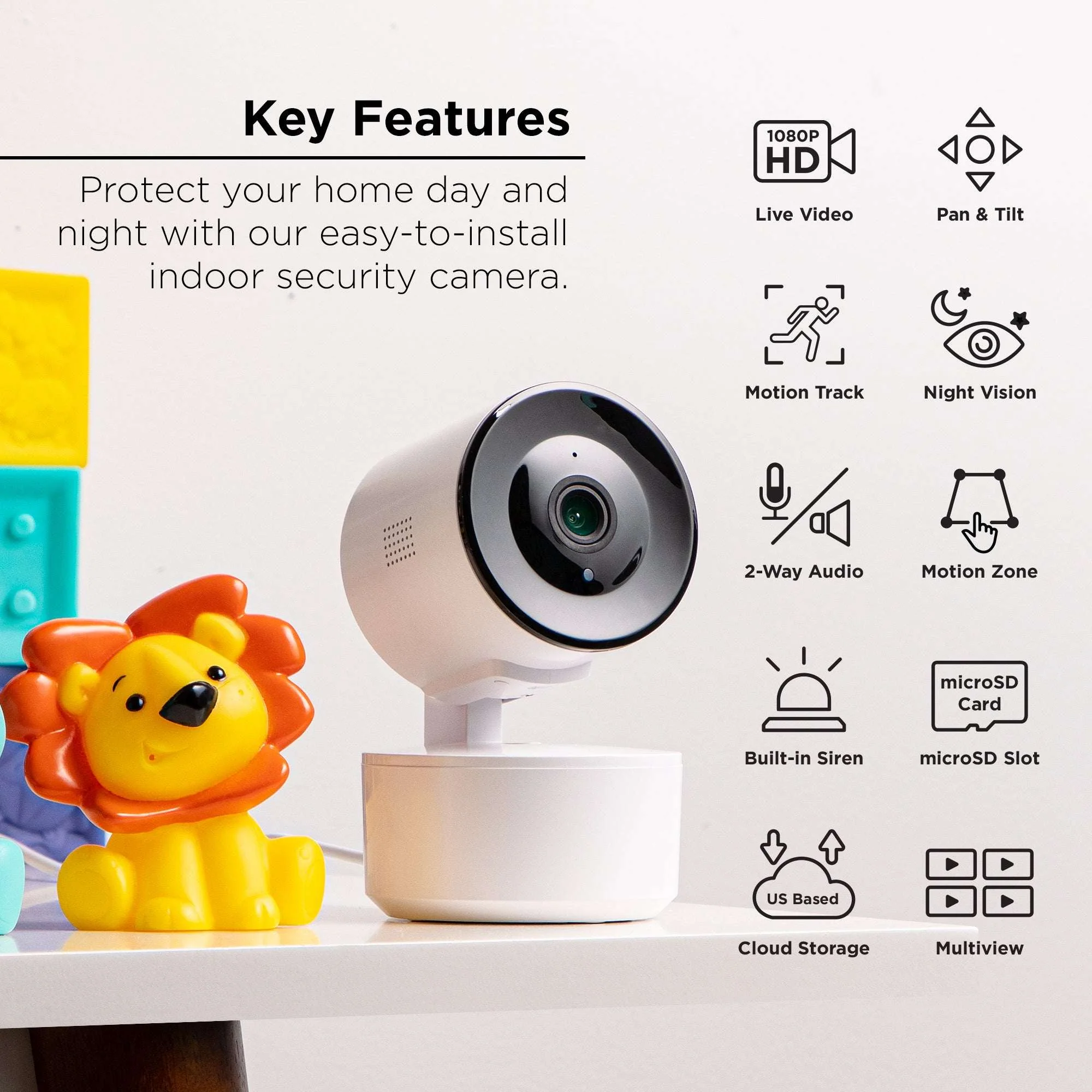 Merkury Smart Indoor Camera 1080p - Auto-Tracking Wi-Fi Security Camera, White (1-Pack) - Image 3