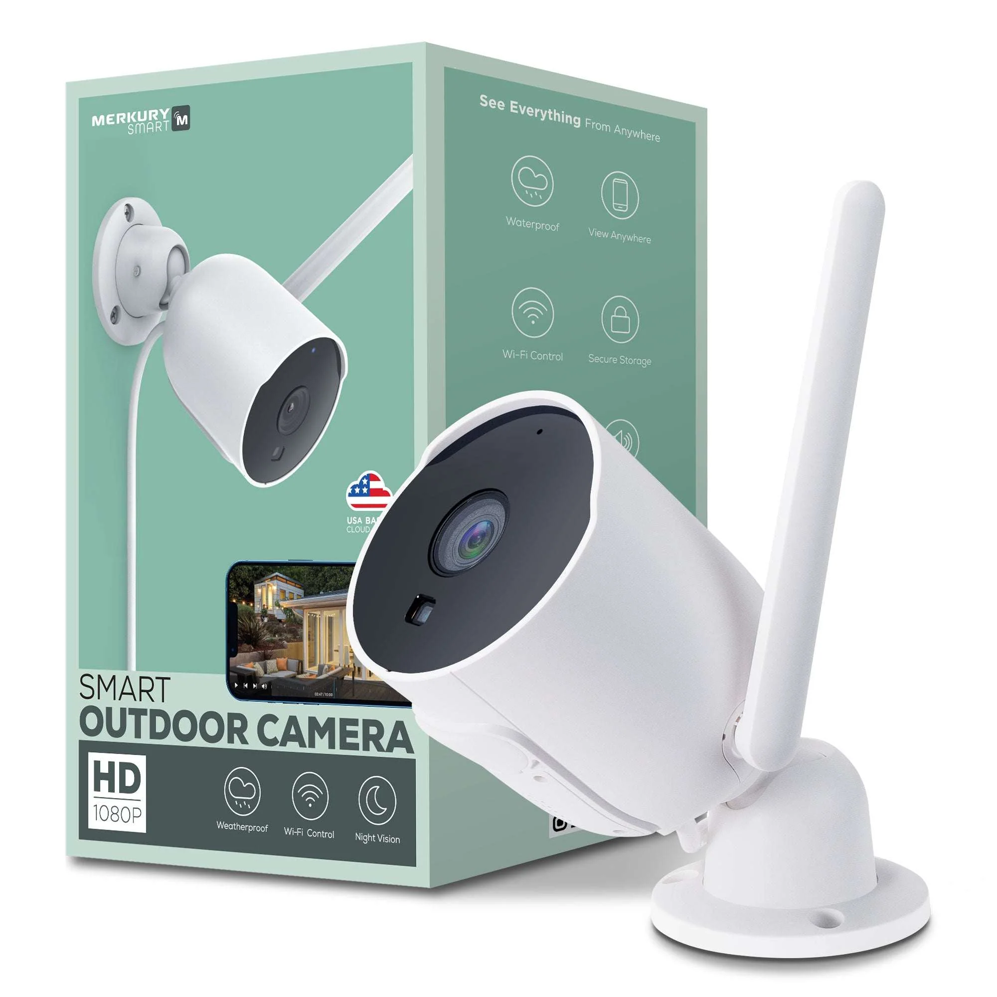 Merkury Smart Outdoor Camera 1080p – Weatherproof Security Camera with Night Vision, White (1-Pack)