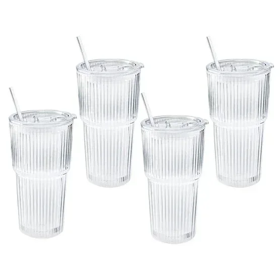 Mesa Ribbed 20 oz. Glass Cups with Lids and Straw, 4-pack - Image 5