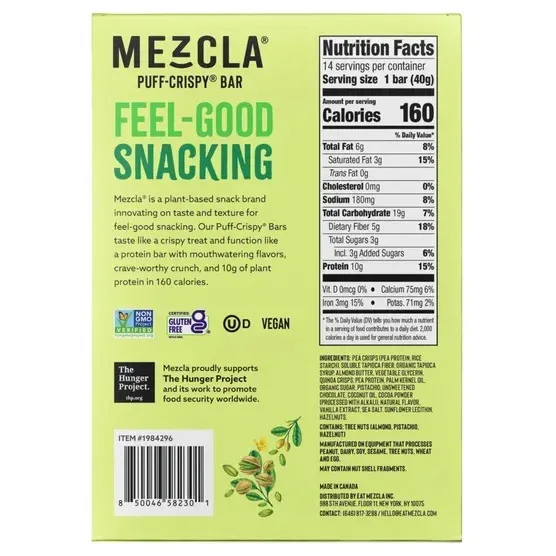 Mezcla Puff-Crispy Bar, Pistachio Chocolate, 1.4 oz, 14-count - Image 2