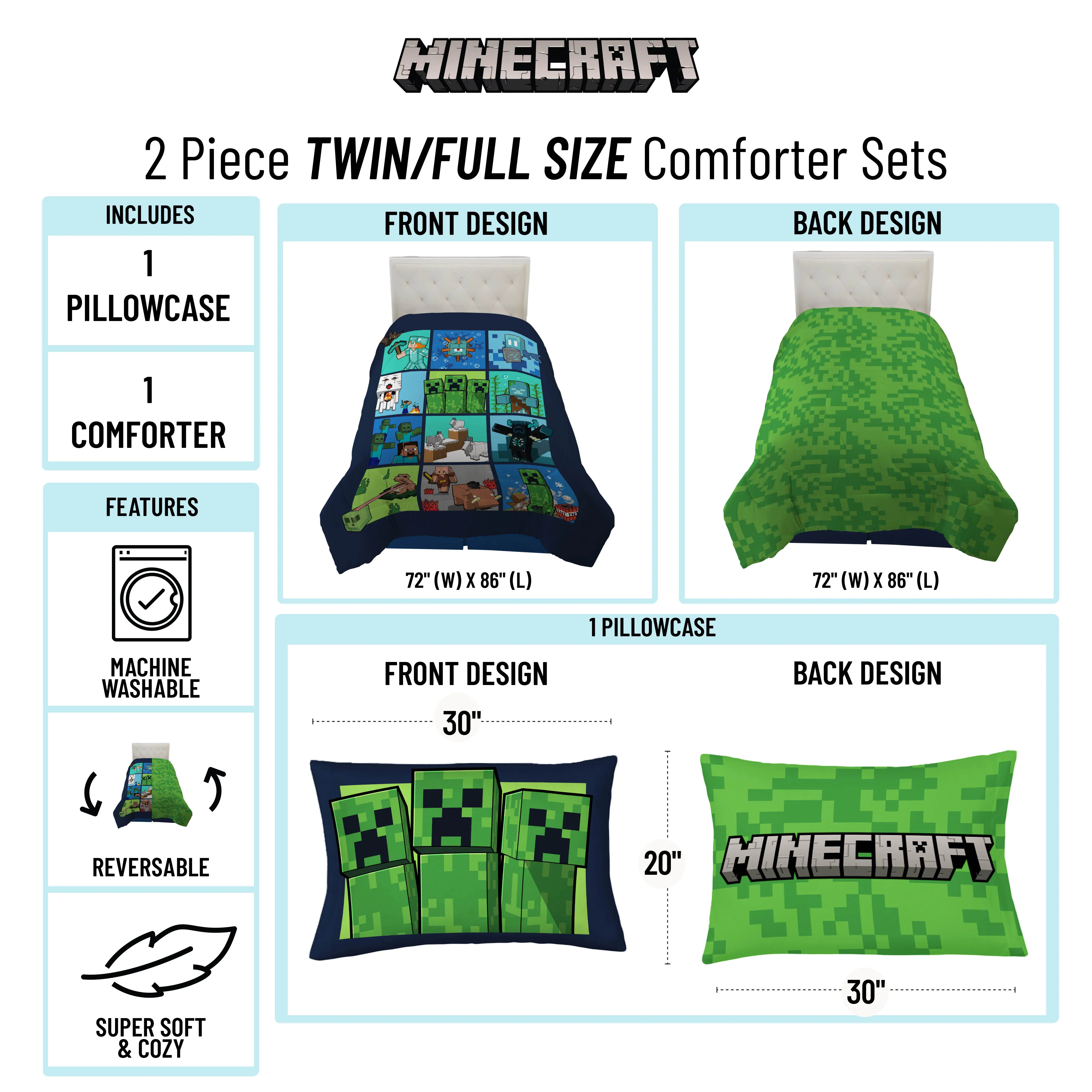 Minecraft Kids 2 Piece Green Reversible Comforter and Pillowcase Bedding Set, Twin/Full - Image 3