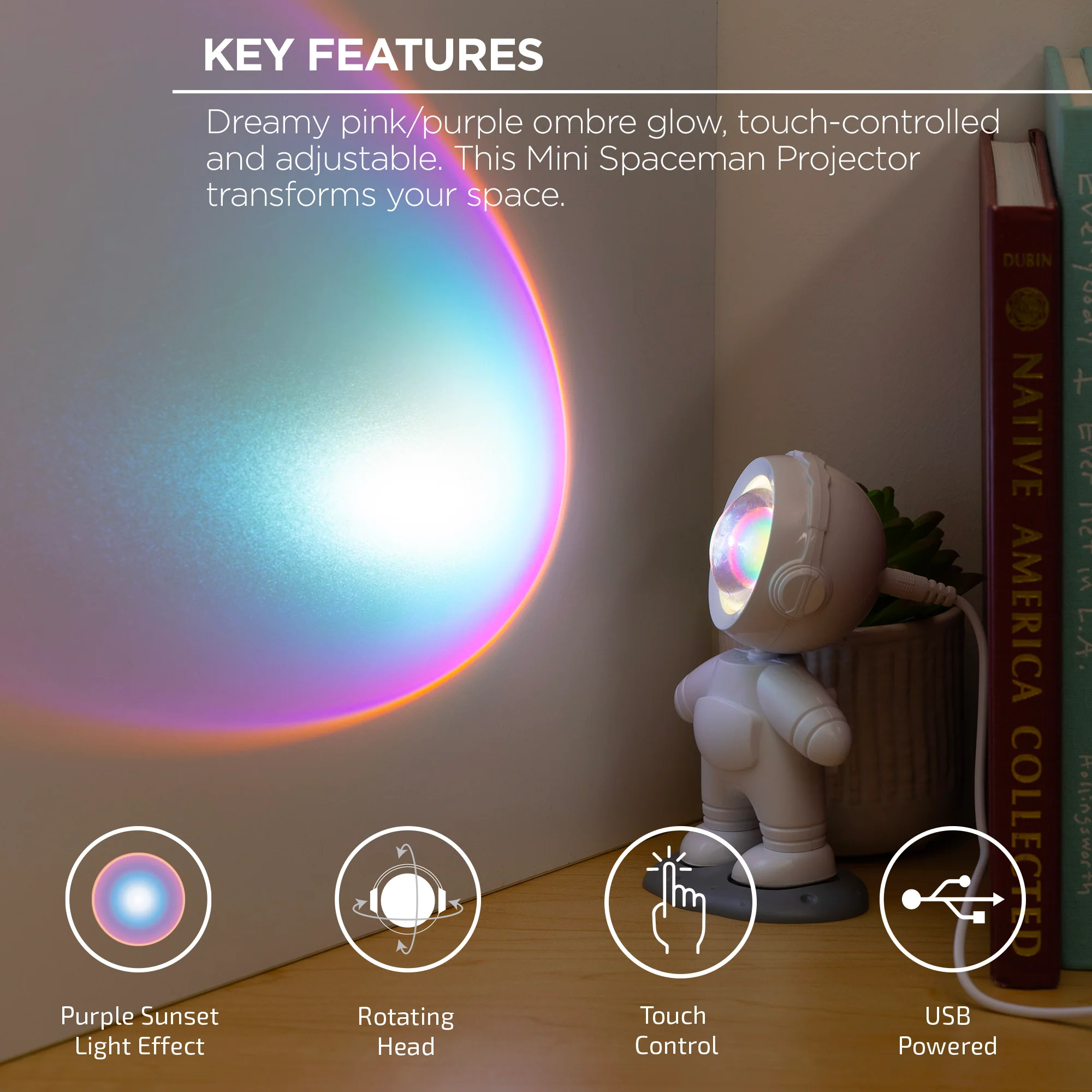 Mini Astronaut Projector Night Light Merkury Innovations- Purple Sunset, Rotating Head, USB Powered - Image 3