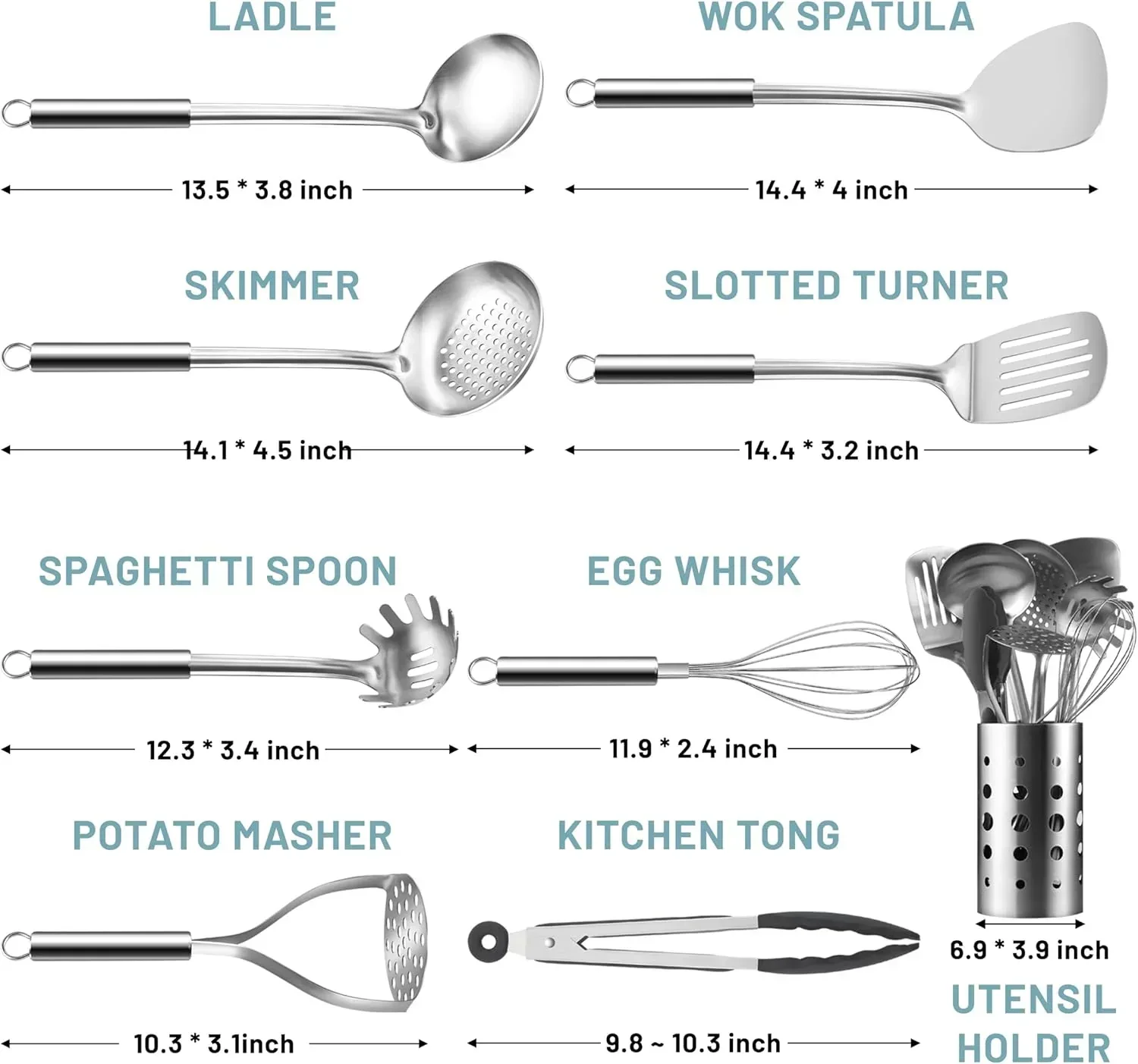 Mirdinner Cooking Utensils Set, 9 Pcs Stainless Steel Kitchen Utensils Set, Kitchen Tools Set, Spatula Sets w Utensil Holder, Wok Spatula,Ladle,Egg Whisk,Non-Stick And Heat Resistant, Dishwasher Safe - Image 2