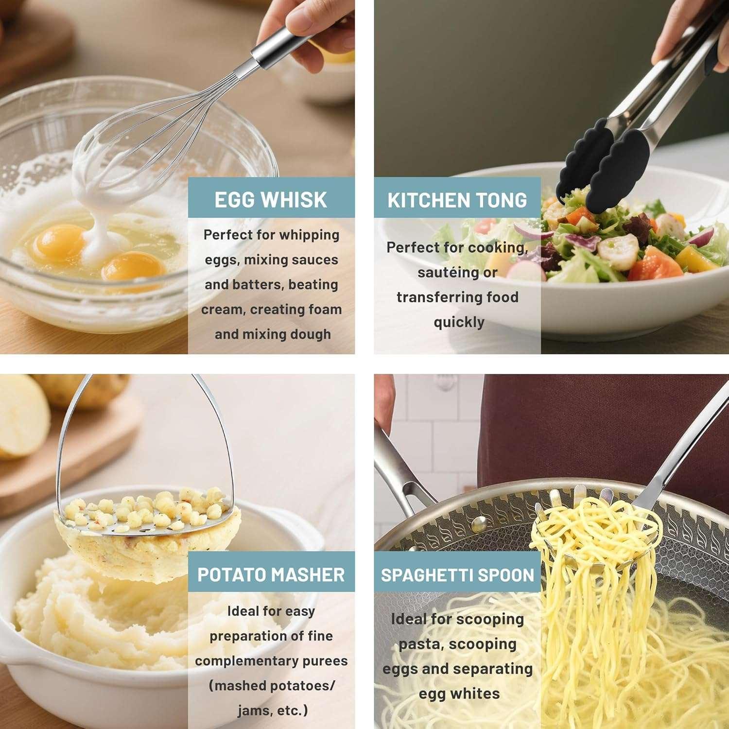 Mirdinner Cooking Utensils Set, 9 Pcs Stainless Steel Kitchen Utensils Set, Kitchen Tools Set, Spatula Sets w Utensil Holder, Wok Spatula,Ladle,Egg Whisk,Non-Stick And Heat Resistant, Dishwasher Safe - Image 4