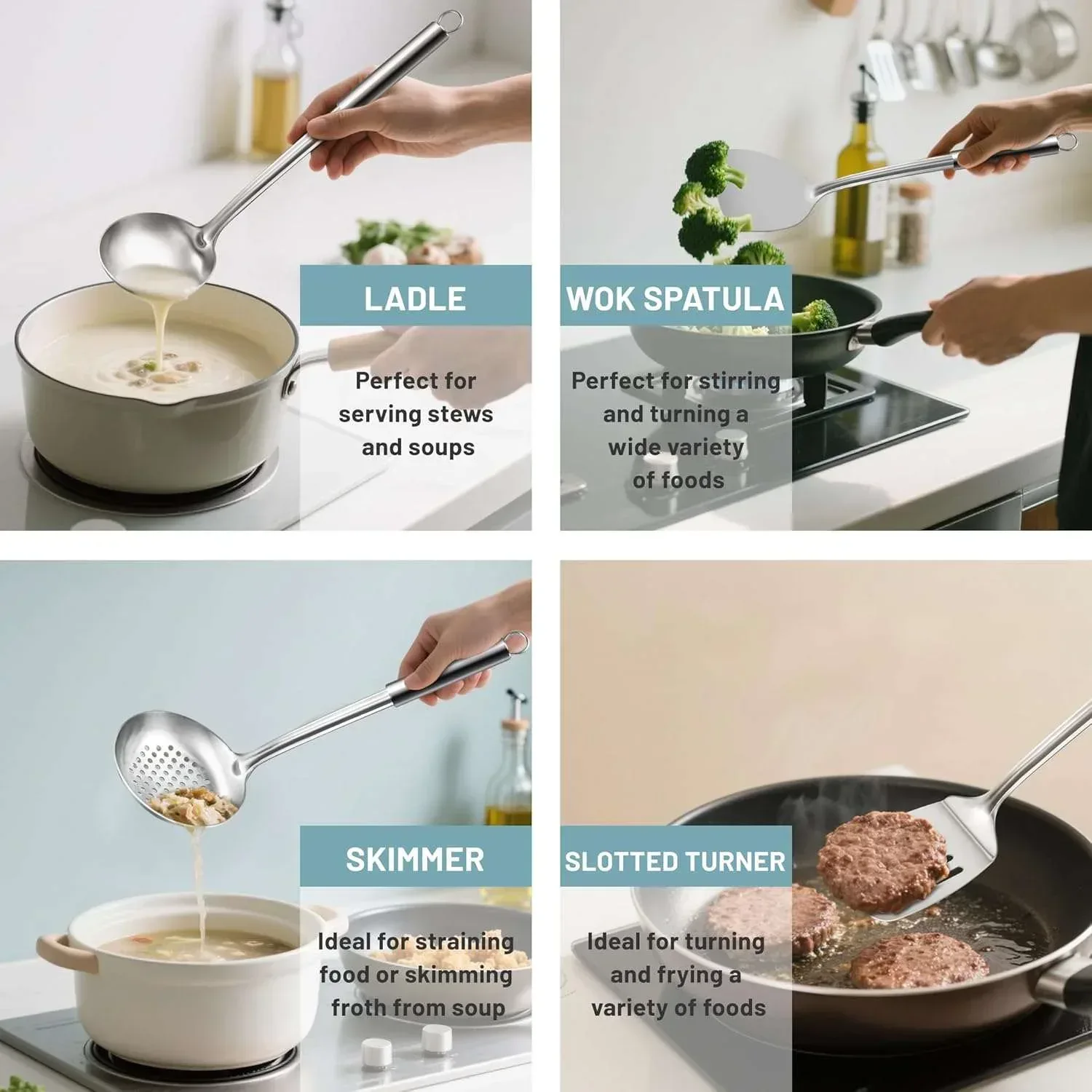 Mirdinner Cooking Utensils Set, 9 Pcs Stainless Steel Kitchen Utensils Set, Kitchen Tools Set, Spatula Sets w Utensil Holder, Wok Spatula,Ladle,Egg Whisk,Non-Stick And Heat Resistant, Dishwasher Safe - Image 5