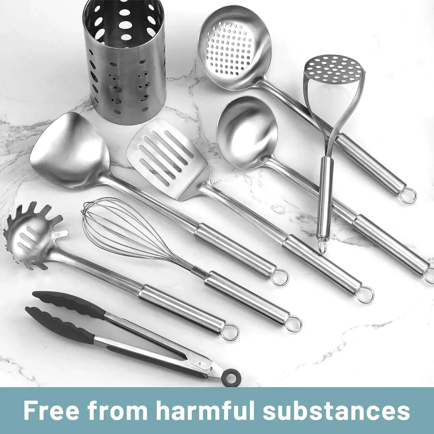 Mirdinner Cooking Utensils Set, 9 Pcs Stainless Steel Kitchen Utensils Set, Kitchen Tools Set, Spatula Sets w Utensil Holder, Wok Spatula,Ladle,Egg Whisk,Non-Stick And Heat Resistant, Dishwasher Safe - Image 6