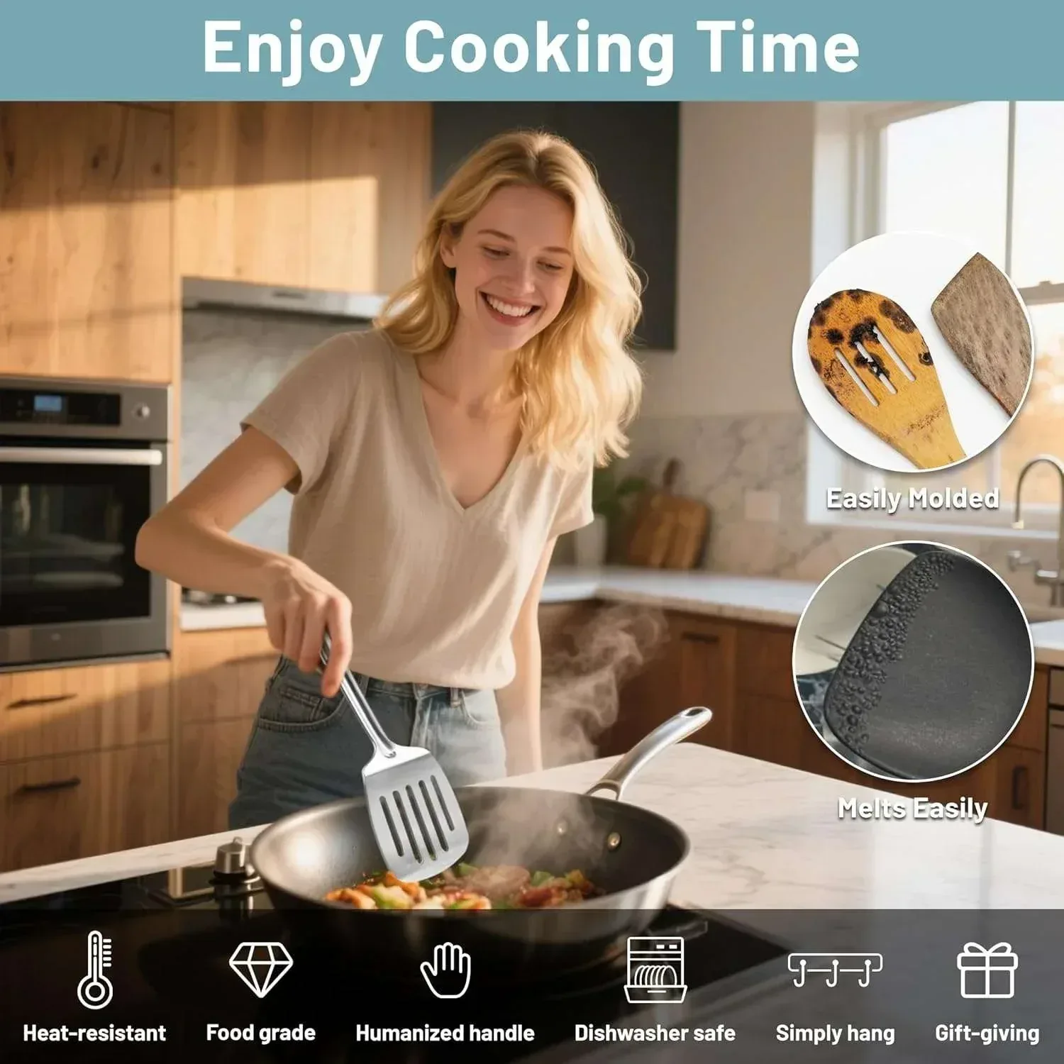 Mirdinner Cooking Utensils Set, 9 Pcs Stainless Steel Kitchen Utensils Set, Kitchen Tools Set, Spatula Sets w Utensil Holder, Wok Spatula,Ladle,Egg Whisk,Non-Stick And Heat Resistant, Dishwasher Safe - Image 7