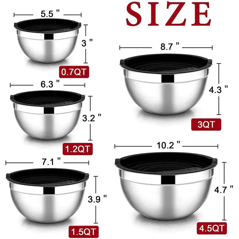 Mixing Bowls with Lids Set of 5, Vesteel Stainless Steel Mixing Bowls Metal Nesting Salad Bowls, Size 4.5, 3, 1.5, 1, 0.7 QT Great for Cooking, Baking, Serving - Blue - Image 2