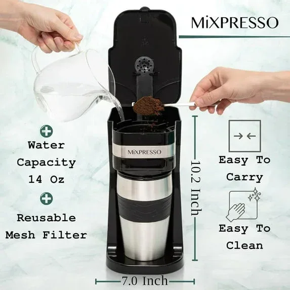 Mixpresso 1-Cup Drip Coffee Maker, Personal Single Serve Coffee Maker & 14oz Travel Mug - Image 4