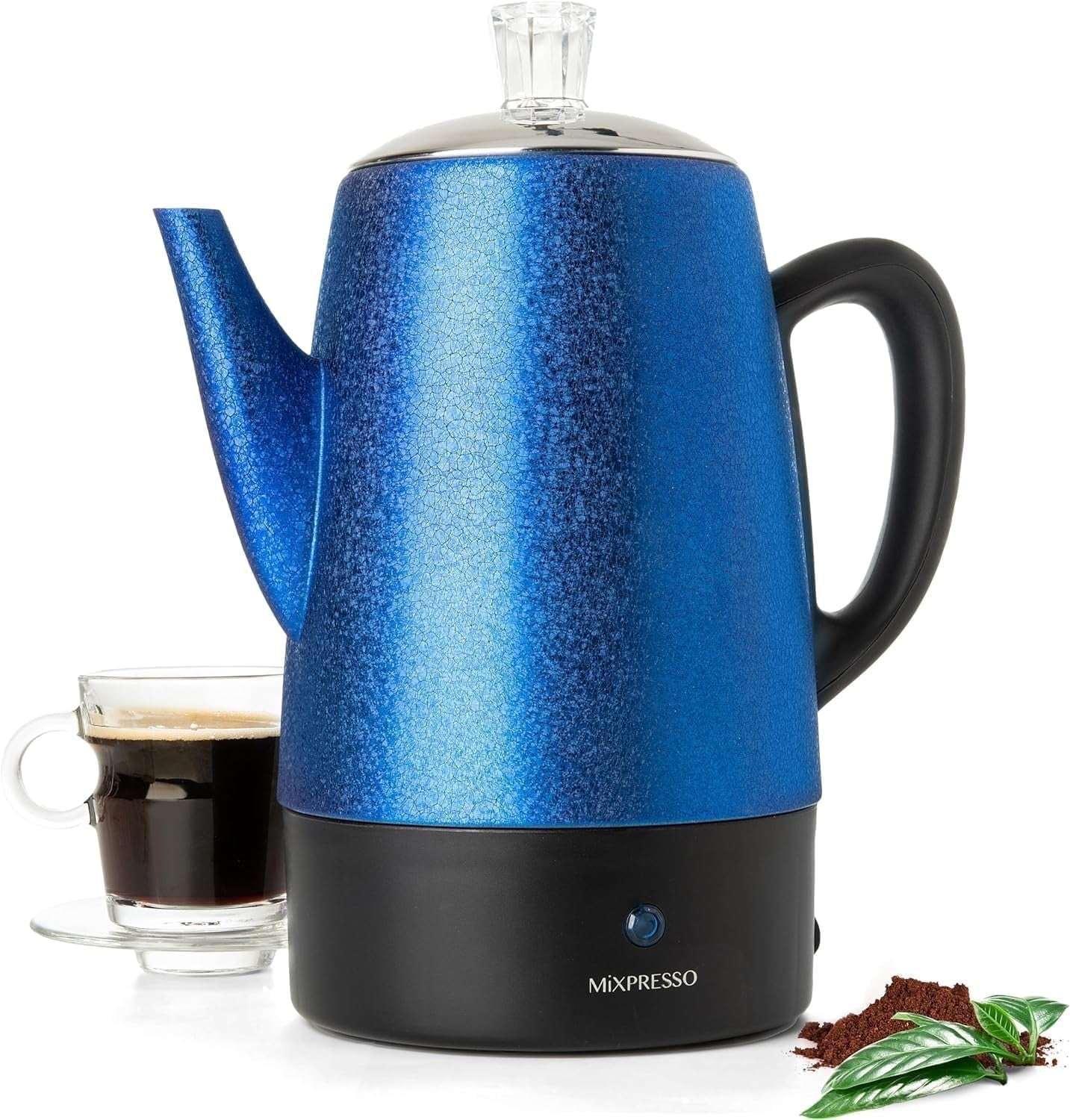 Mixpresso Percolator Coffee Pot Electric 10 Cup, Stainless Steel Coffee Maker, Coffee Percolator Electric With Keep Warm Function, 10 Cups Stainless Steel Perculator With Basket (Shiny Blue)