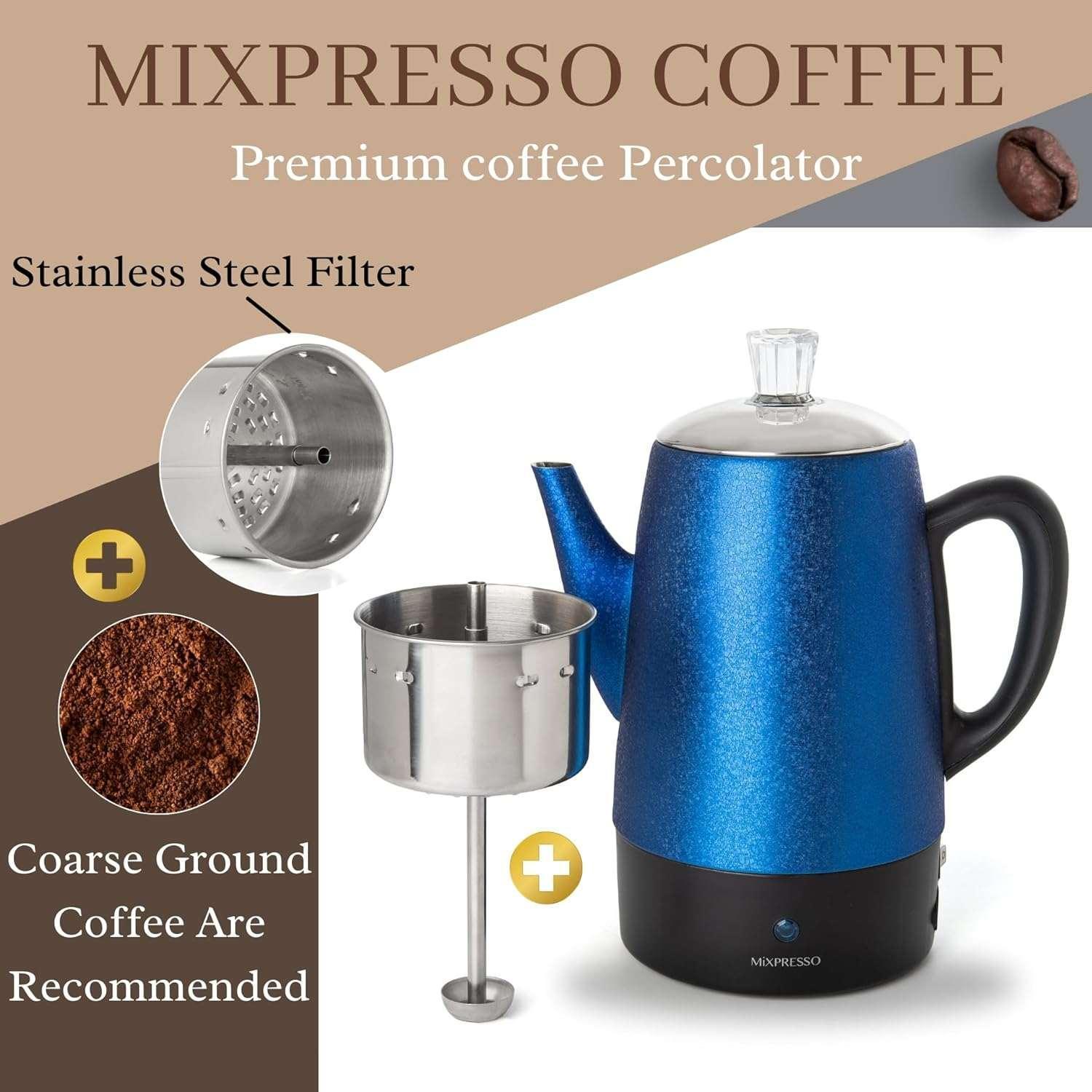 Mixpresso Percolator Coffee Pot Electric 10 Cup, Stainless Steel Coffee Maker, Coffee Percolator Electric With Keep Warm Function, 10 Cups Stainless Steel Perculator With Basket (Shiny Blue) - Image 5