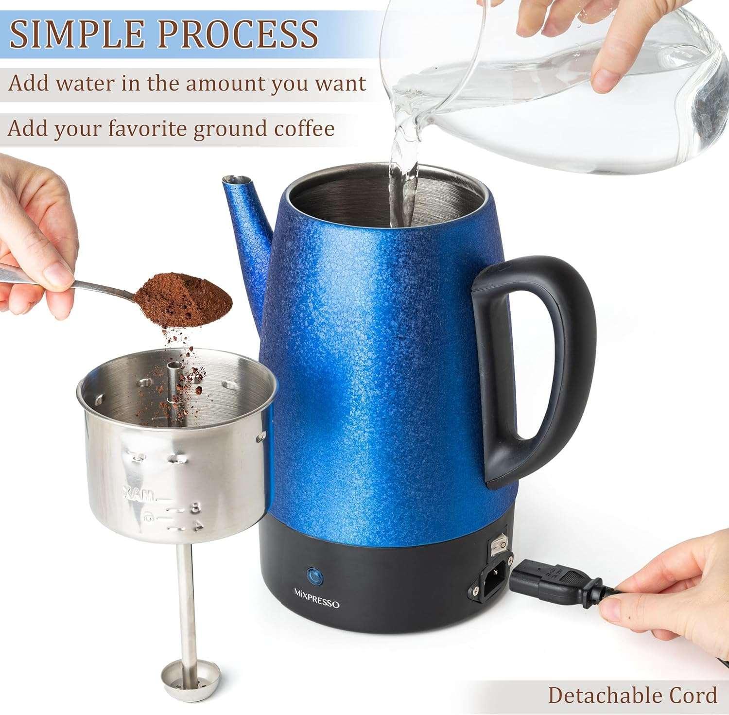 Mixpresso Percolator Coffee Pot Electric 10 Cup, Stainless Steel Coffee Maker, Coffee Percolator Electric With Keep Warm Function, 10 Cups Stainless Steel Perculator With Basket (Shiny Blue) - Image 6
