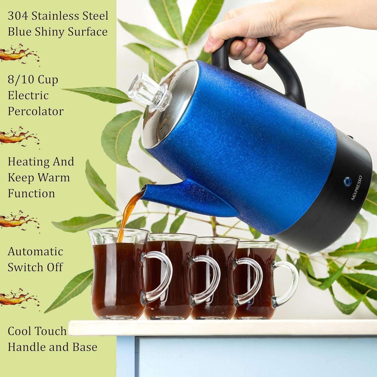 Mixpresso Percolator Coffee Pot Electric 10 Cup, Stainless Steel Coffee Maker, Coffee Percolator Electric With Keep Warm Function, 10 Cups Stainless Steel Perculator With Basket (Shiny Blue) - Image 7