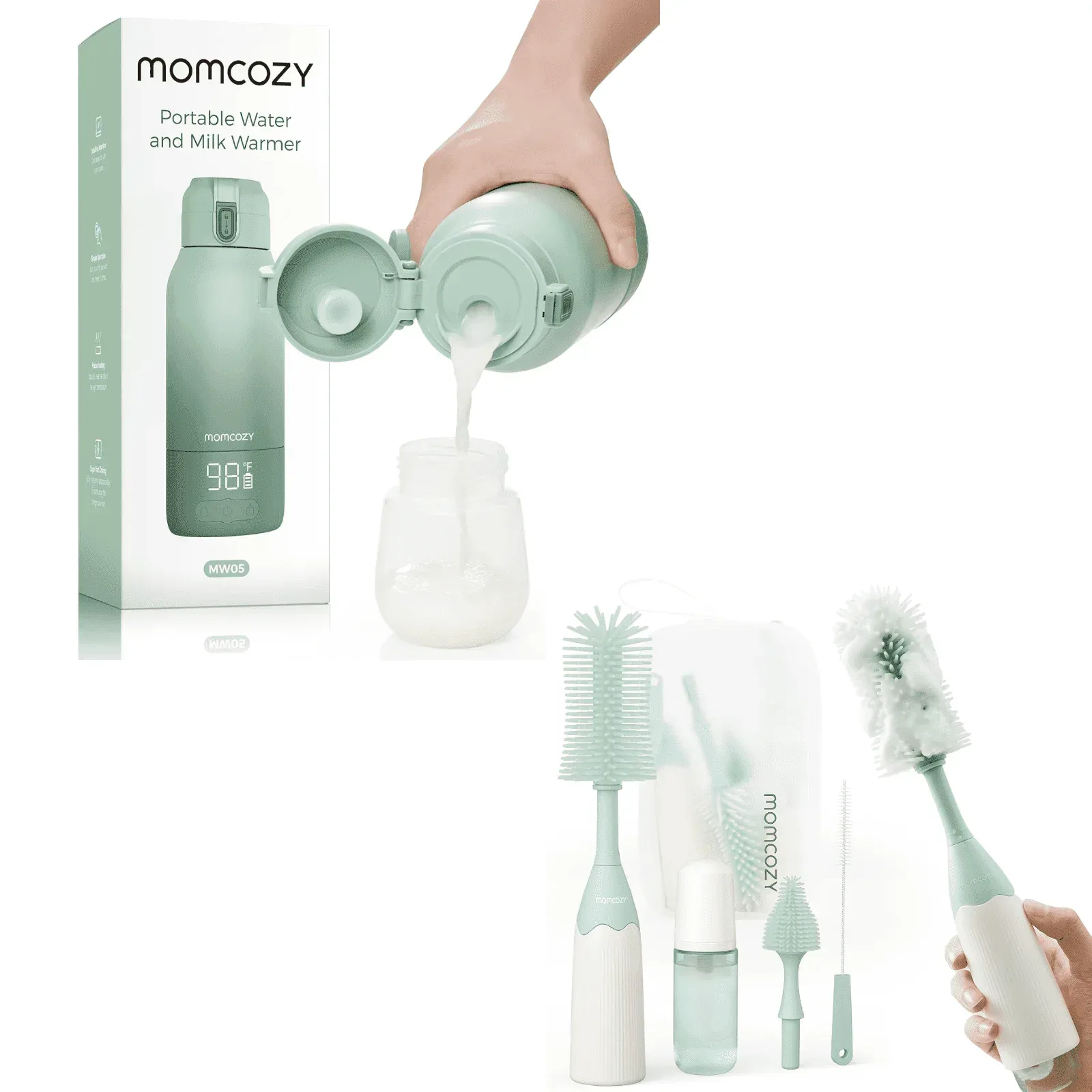 Momcozy Portable Milk Warmer for Travel – Dual Heating Modes for Breast Milk and Momcozy Portable Bottle Brush Set - Baby Bottle Cleaner Kit