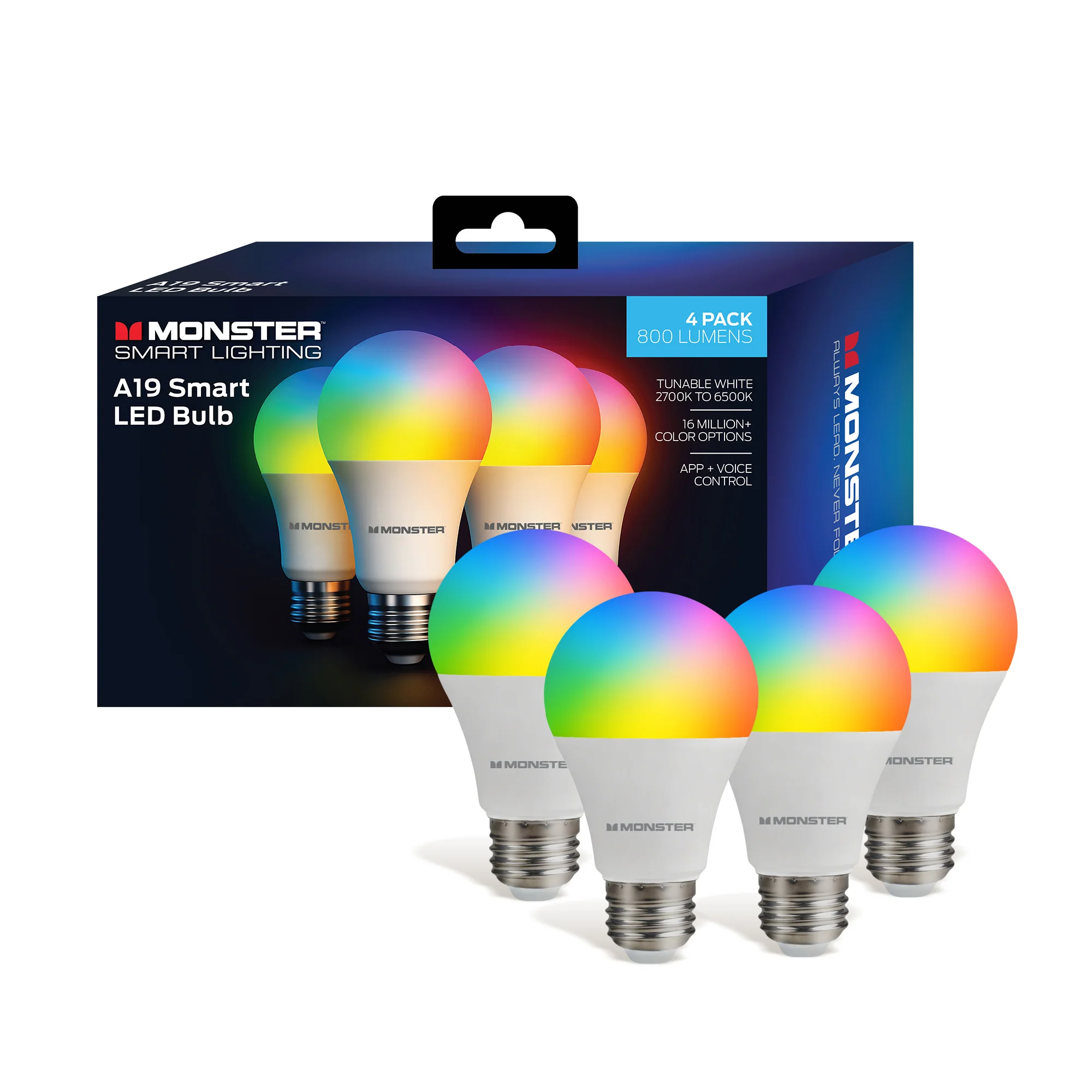 Monster Smart LED Bulb A19 4-Pack, WiFi Color Changing Light Bulbs, 800 Lumens 60W Equivalent, Tunable White 2700K–6500K, App & Voice Control, Alexa Google Home Matter Compatible