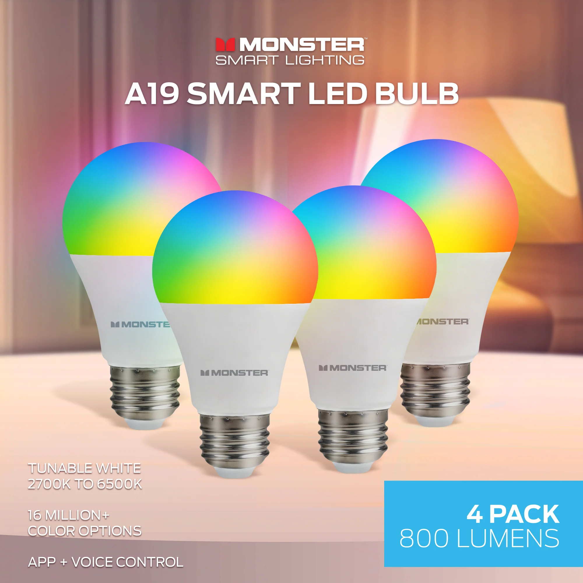 Monster Smart LED Bulb A19 4-Pack, WiFi Color Changing Light Bulbs, 800 Lumens 60W Equivalent, Tunable White 2700K–6500K, App & Voice Control, Alexa Google Home Matter Compatible - Image 2