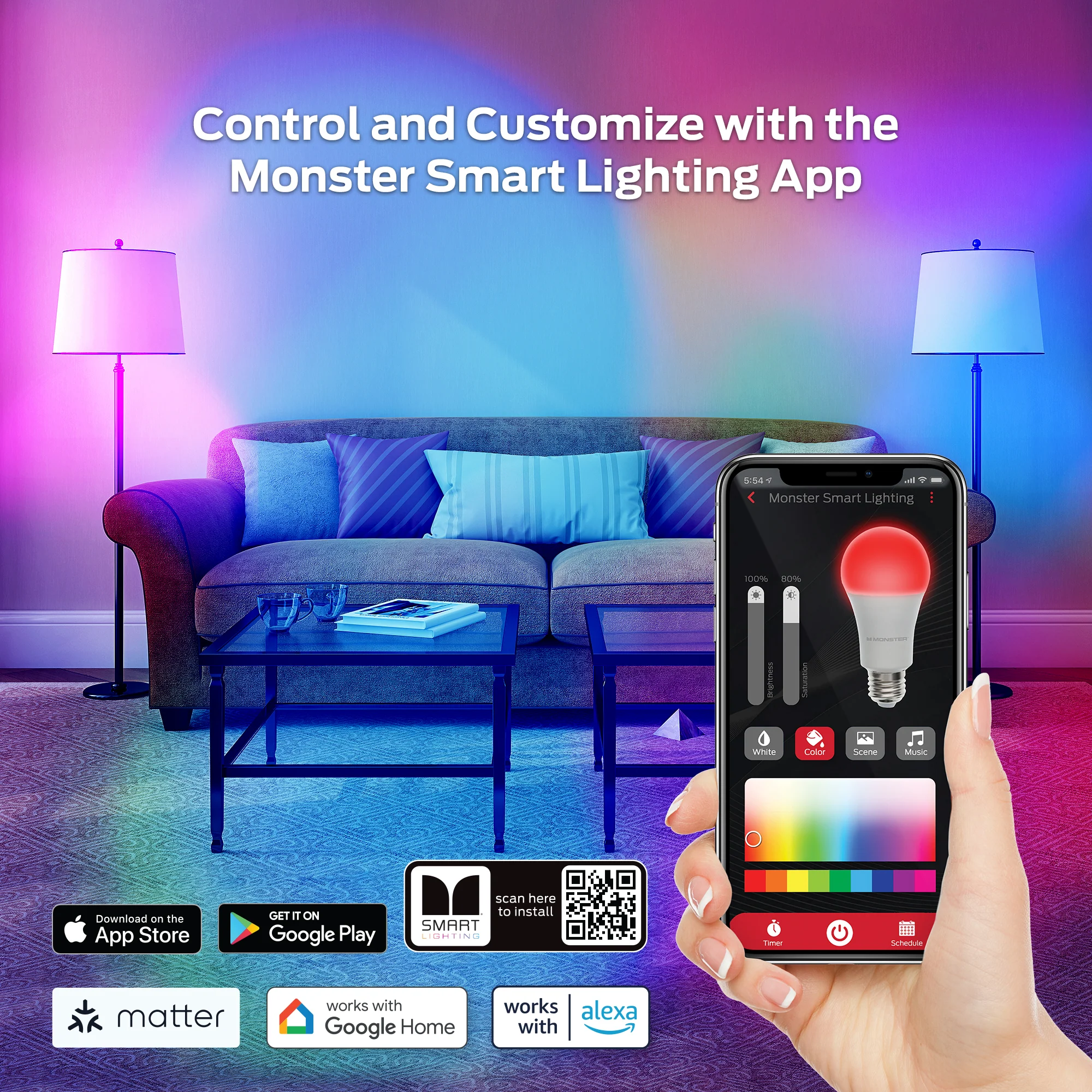 Monster Smart LED Bulb A19 4-Pack, WiFi Color Changing Light Bulbs, 800 Lumens 60W Equivalent, Tunable White 2700K–6500K, App & Voice Control, Alexa Google Home Matter Compatible - Image 4