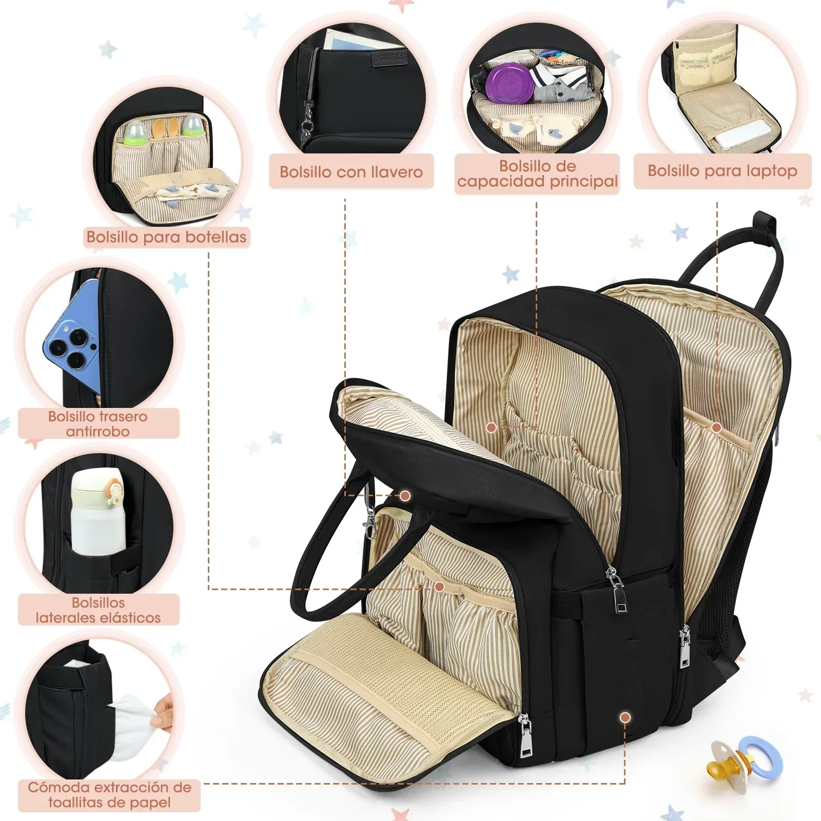 Multi-Function Waterproof Diaper Bag Backpack, 16 Pockets, Changing Pad, Anti-Theft Design, Unisex, Large (Black) - Image 3