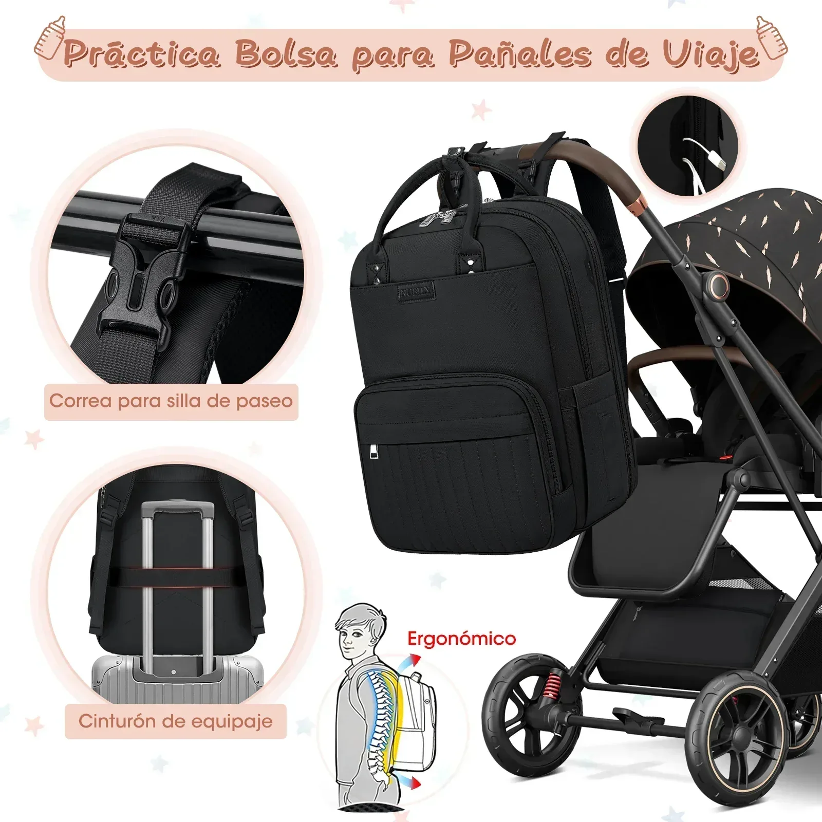 Multi-Function Waterproof Diaper Bag Backpack, 16 Pockets, Changing Pad, Anti-Theft Design, Unisex, Large (Black) - Image 4