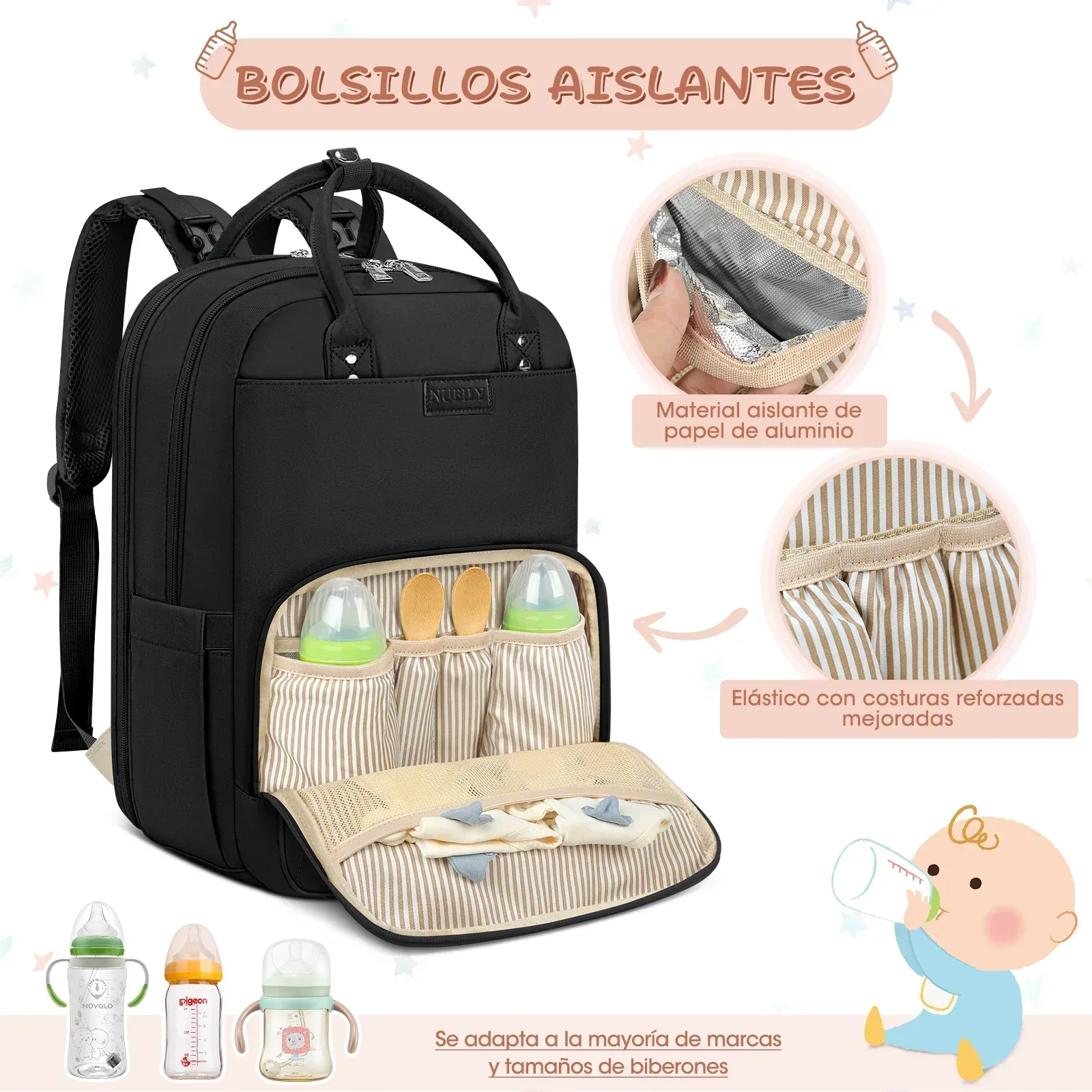Multi-Function Waterproof Diaper Bag Backpack, 16 Pockets, Changing Pad, Anti-Theft Design, Unisex, Large (Black) - Image 5