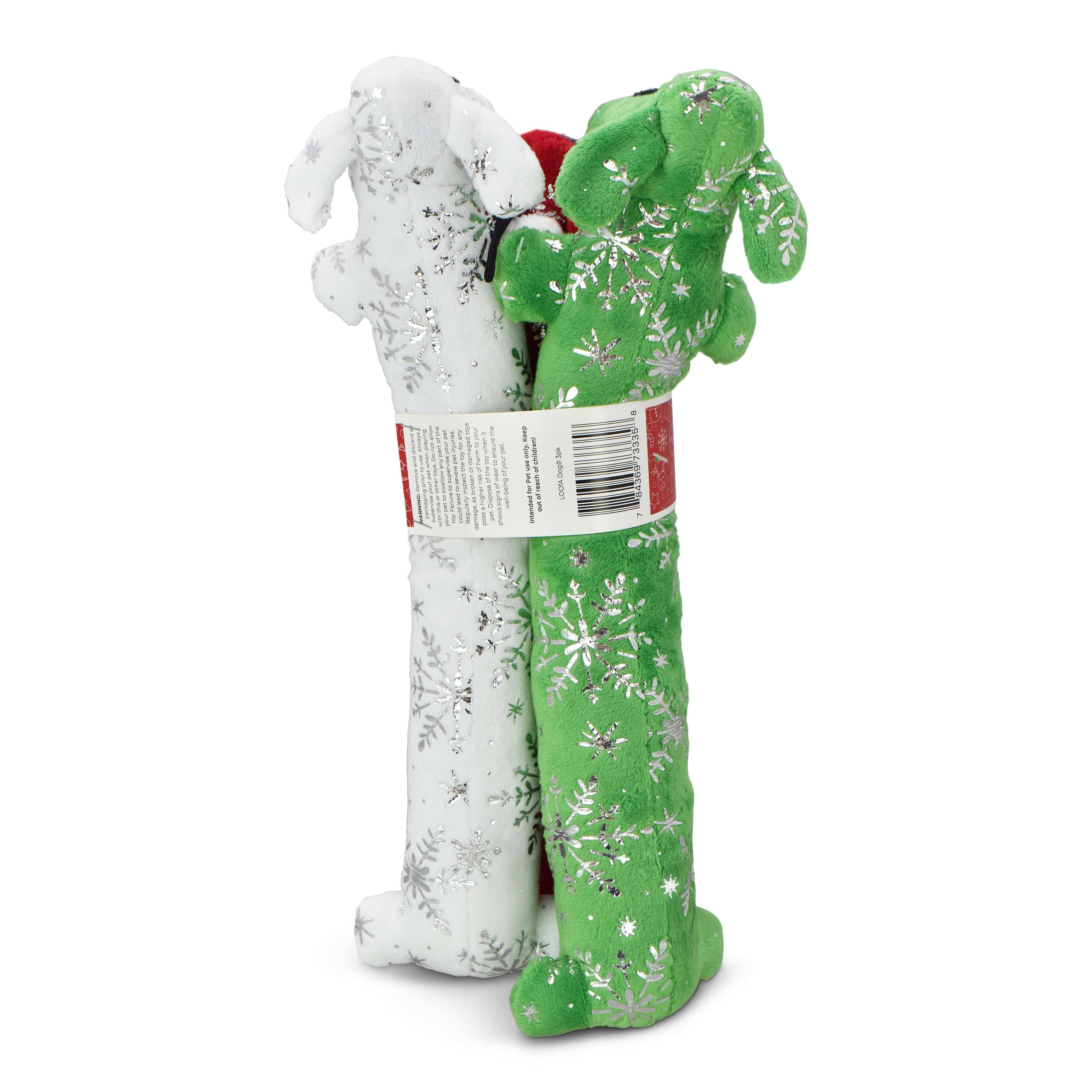 Multipet Plush Holiday Loofa Dog Toy with Sparkly Snowflakes, Stuffing & Squeaker, 3 pack with Red, Green & White, 12" Each - Image 12