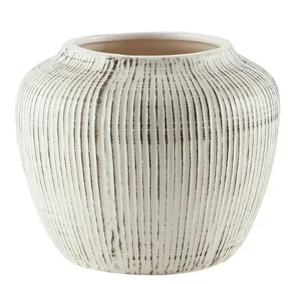 My Texas House 5" White Distressed Stripe Round Stoneware Vase