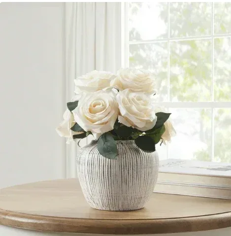 My Texas House 5" White Distressed Stripe Round Stoneware Vase - Image 3