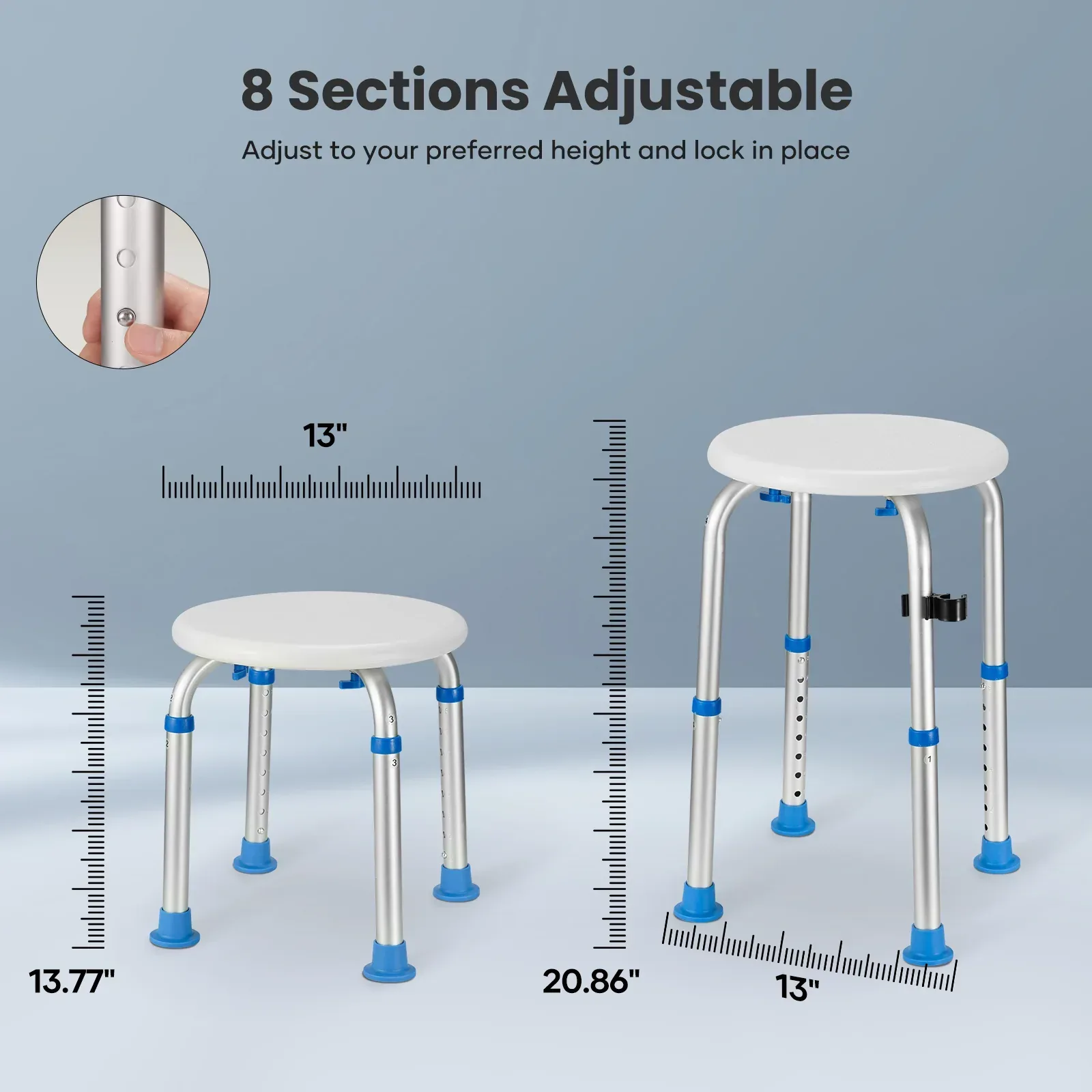 Naipo Shower Chair Bathtub Stool Seat w/ Anti-Slip Rubber, Adjustable Lightweight for Seniors, Disabled, Handicap, Tool-Free Assembly, Blue - Image 6