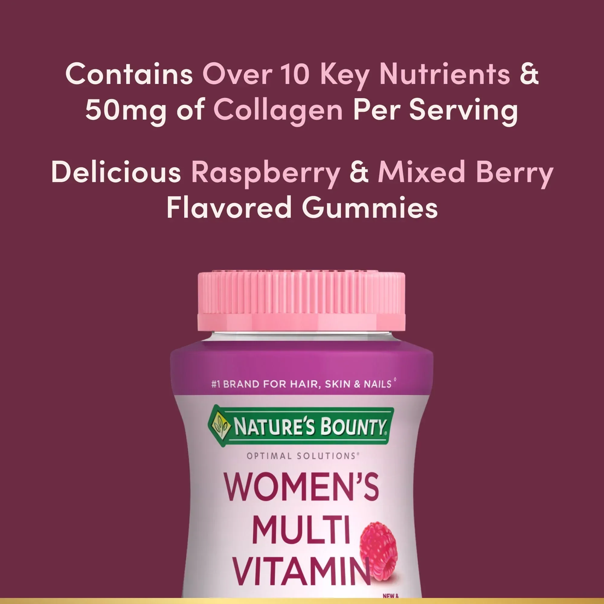 Nature's Bounty Optimal Solution Women's Multivitamin Gummies, 50 mg Collagen, Cellular Energy, Immune & Bone Support, Mixed Berry & Raspberry Flavor, 140 Count - Image 2