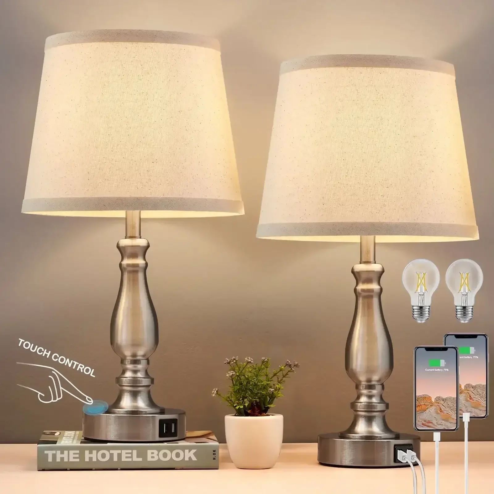 NATYSWAN Lamps for Bedrooms Set of 2, Brushed Nickel Bedside Lamps with USB Ports, 3 Way Dimmable Nightstand Lamps , Touch Table Lamp for Living Room Bedroom Office, Bulbs Included
