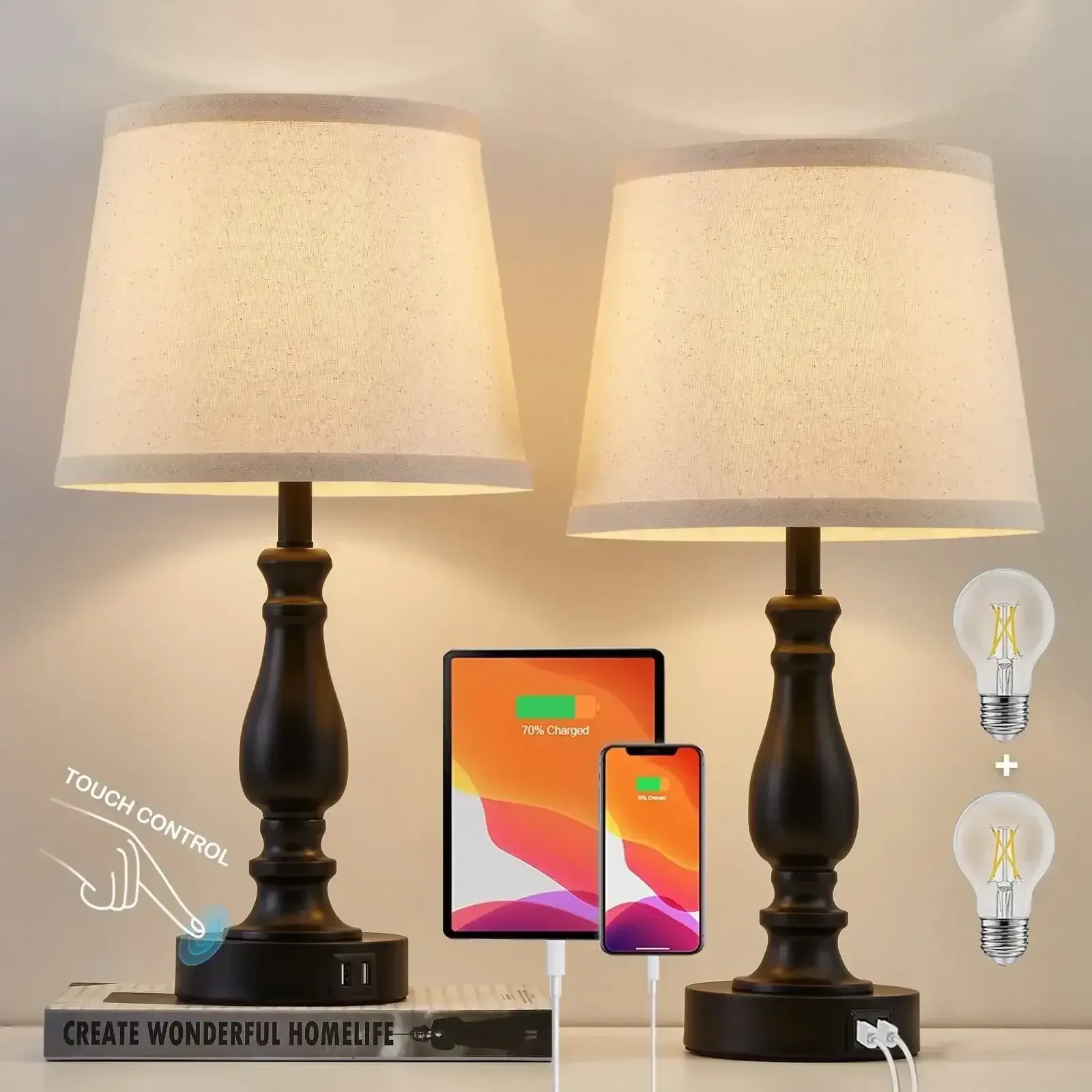 NATYSWAN Lamps for Bedrooms Set of 2, Brushed Nickel Bedside Lamps with USB Ports, 3 Way Dimmable Nightstand Lamps , Touch Table Lamp for Living Room Bedroom Office, Bulbs Included - Image 10