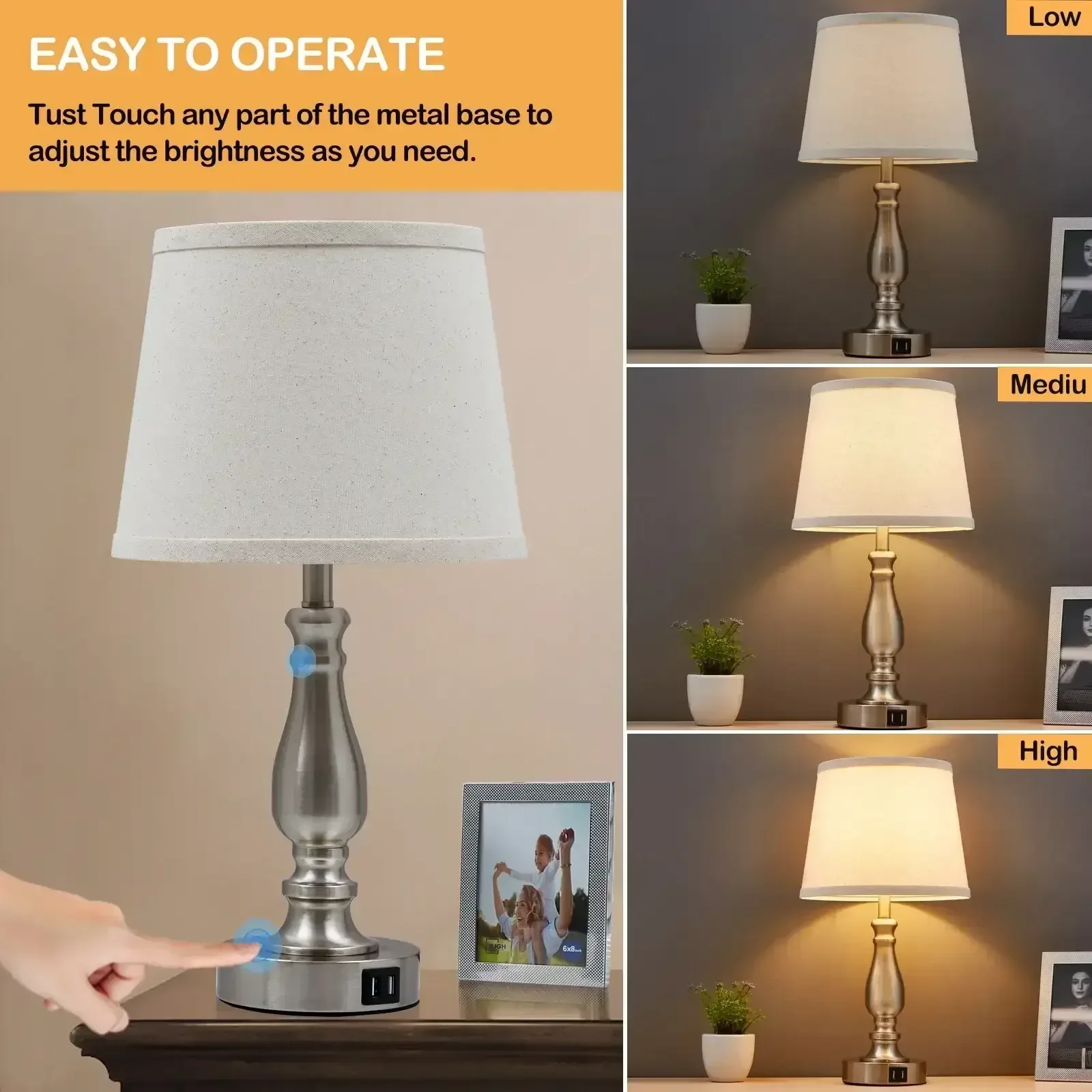 NATYSWAN Lamps for Bedrooms Set of 2, Brushed Nickel Bedside Lamps with USB Ports, 3 Way Dimmable Nightstand Lamps , Touch Table Lamp for Living Room Bedroom Office, Bulbs Included - Image 5