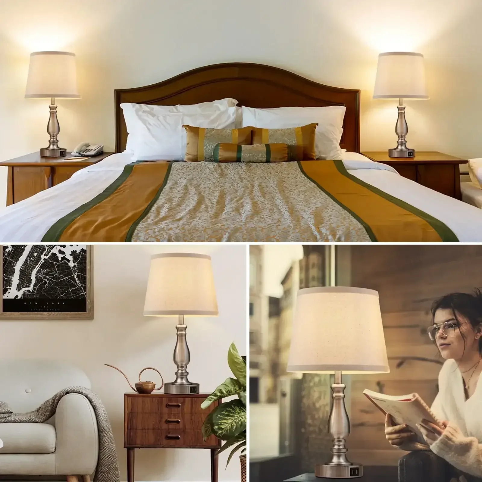 NATYSWAN Lamps for Bedrooms Set of 2, Brushed Nickel Bedside Lamps with USB Ports, 3 Way Dimmable Nightstand Lamps , Touch Table Lamp for Living Room Bedroom Office, Bulbs Included - Image 8