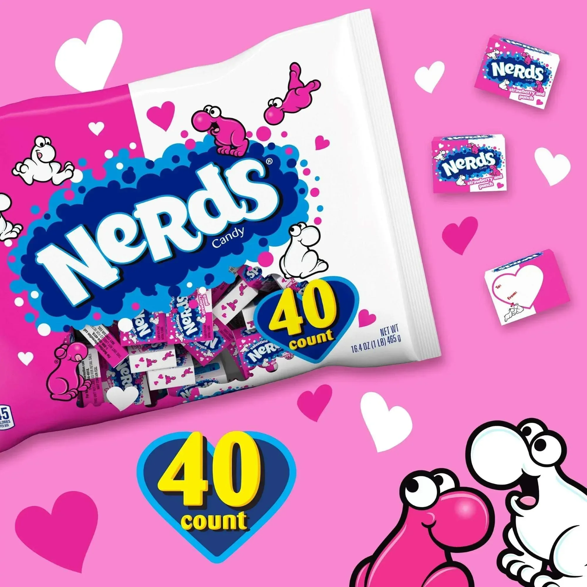 Nerds Valentine's Day Candy, Strawberry and Punch Flavors, Classroom Friendship Exchange Bag, 16.4 oz, 40 Count - Image 2