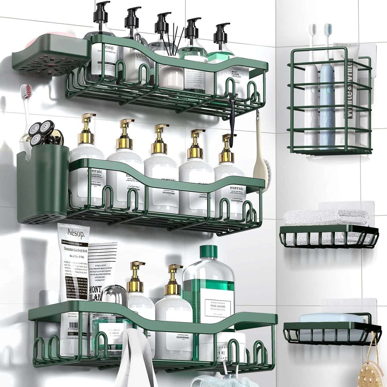 NESOMI Shower Caddy Adhesive Shower Organizer , Rustproof Stainless Steel Bathroom Shelves, Large Capacity No-Drill Rack Storage Accessories with Soap Dish Toothbrush Holder &24 Hooks Home Decor - Image 10