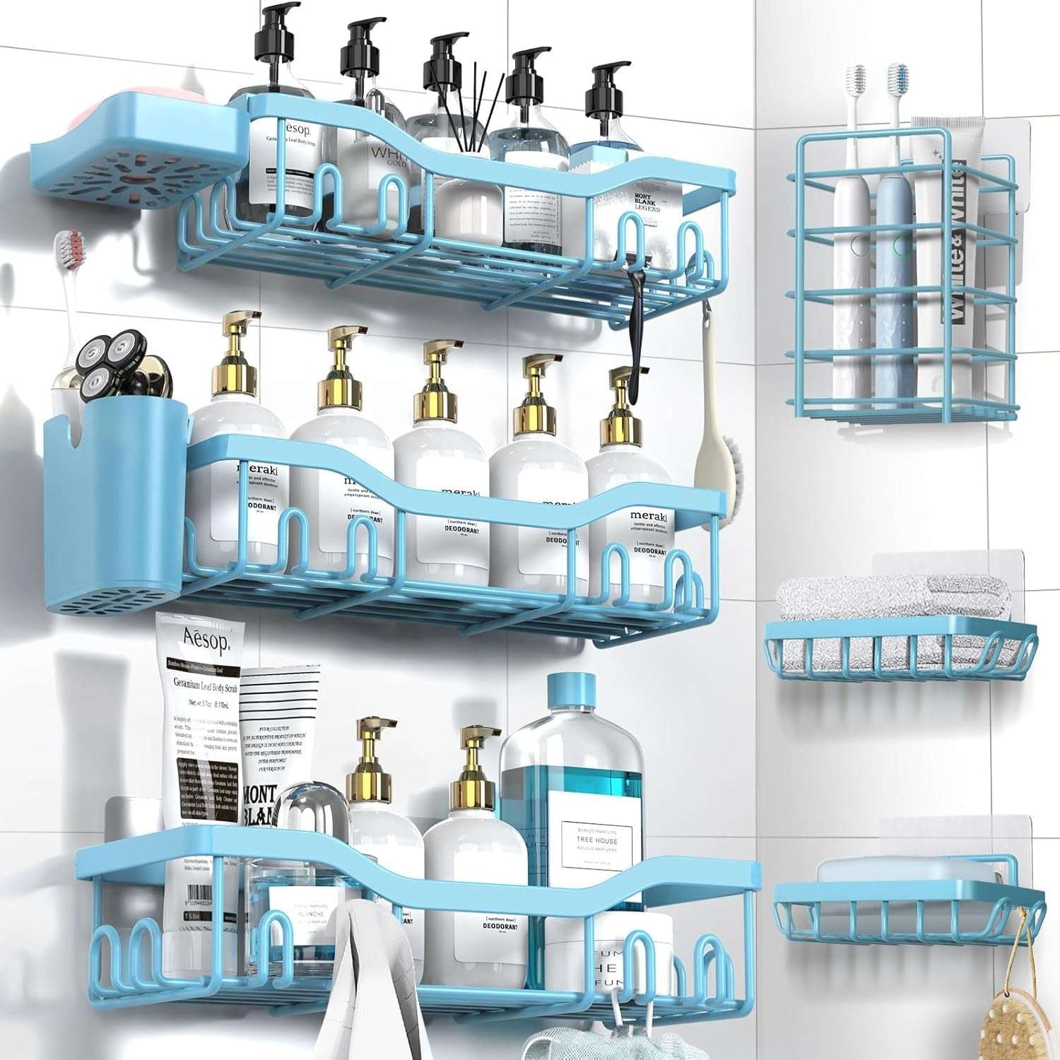 NESOMI Shower Caddy Adhesive Shower Organizer , Rustproof Stainless Steel Bathroom Shelves, Large Capacity No-Drill Rack Storage Accessories with Soap Dish Toothbrush Holder &24 Hooks Home Decor - Image 11