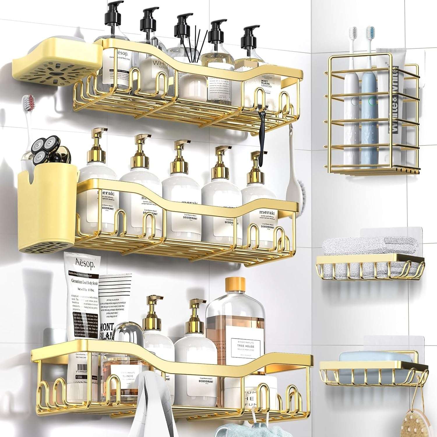 NESOMI Shower Caddy Adhesive Shower Organizer , Rustproof Stainless Steel Bathroom Shelves, Large Capacity No-Drill Rack Storage Accessories with Soap Dish Toothbrush Holder &24 Hooks Home Decor - Image 13