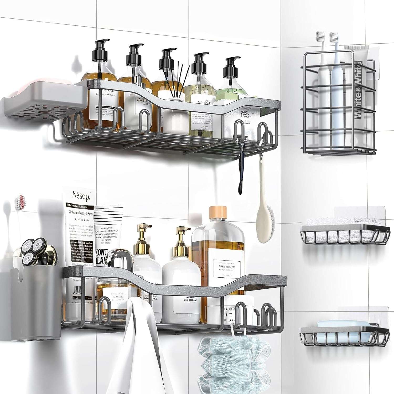 NESOMI Shower Caddy Adhesive Shower Organizer , Rustproof Stainless Steel Bathroom Shelves, Large Capacity No-Drill Rack Storage Accessories with Soap Dish Toothbrush Holder &24 Hooks Home Decor - Image 15