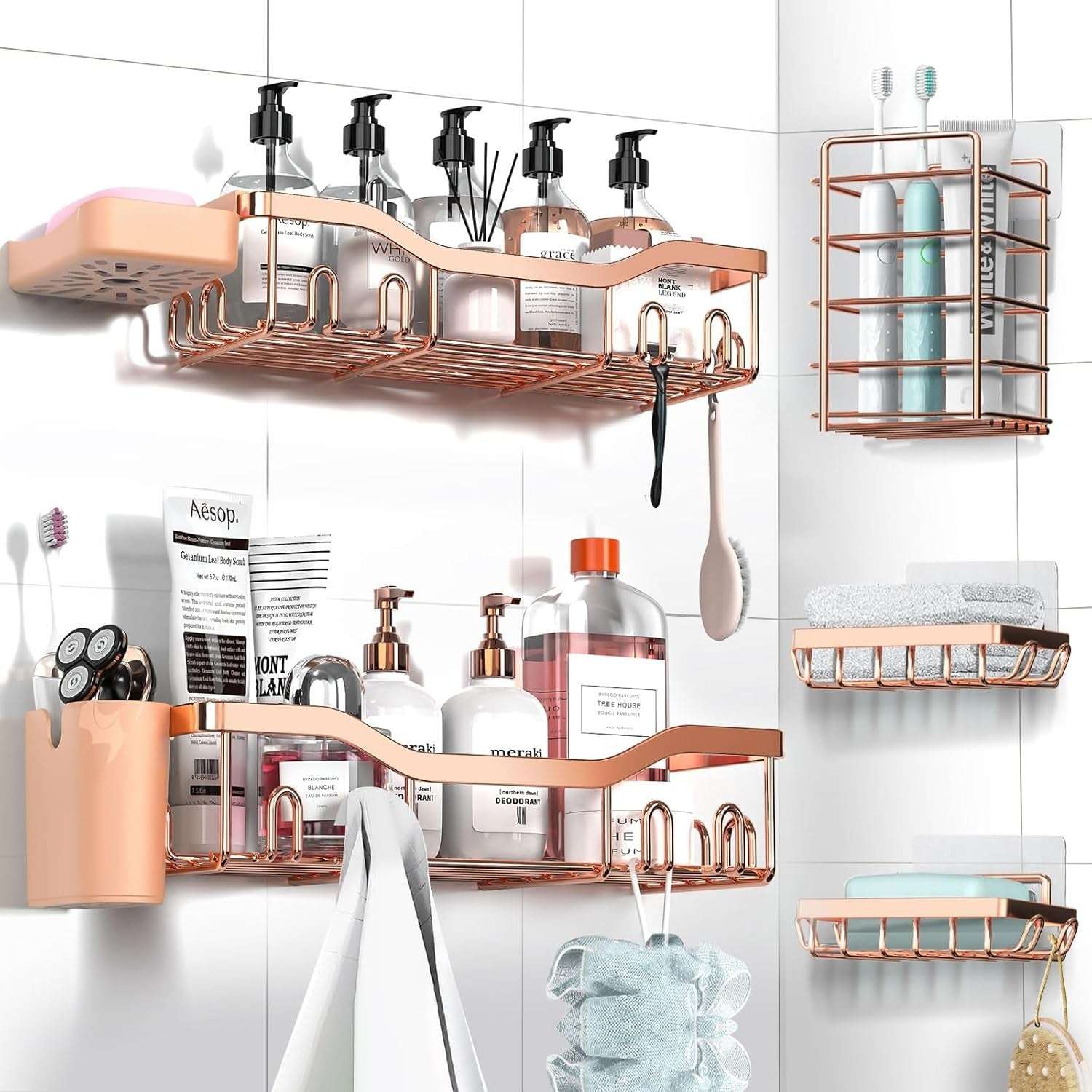 NESOMI Shower Caddy Adhesive Shower Organizer , Rustproof Stainless Steel Bathroom Shelves, Large Capacity No-Drill Rack Storage Accessories with Soap Dish Toothbrush Holder &24 Hooks Home Decor - Image 17