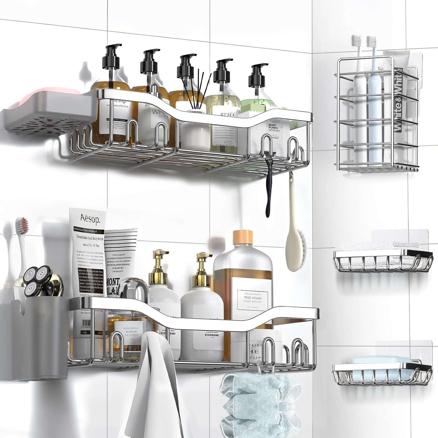 NESOMI Shower Caddy Adhesive Shower Organizer , Rustproof Stainless Steel Bathroom Shelves, Large Capacity No-Drill Rack Storage Accessories with Soap Dish Toothbrush Holder &24 Hooks Home Decor - Image 18