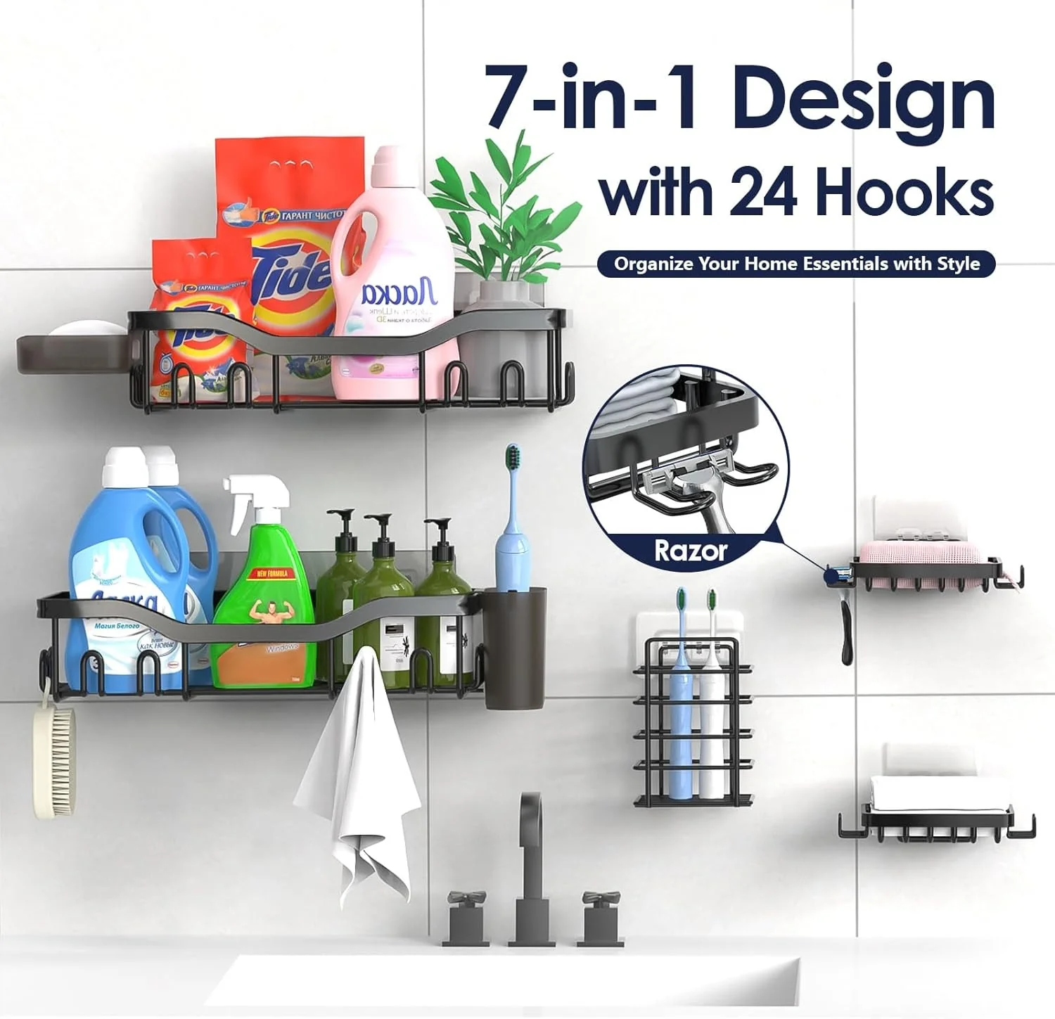 NESOMI Shower Caddy Adhesive Shower Organizer , Rustproof Stainless Steel Bathroom Shelves, Large Capacity No-Drill Rack Storage Accessories with Soap Dish Toothbrush Holder &24 Hooks Home Decor - Image 3