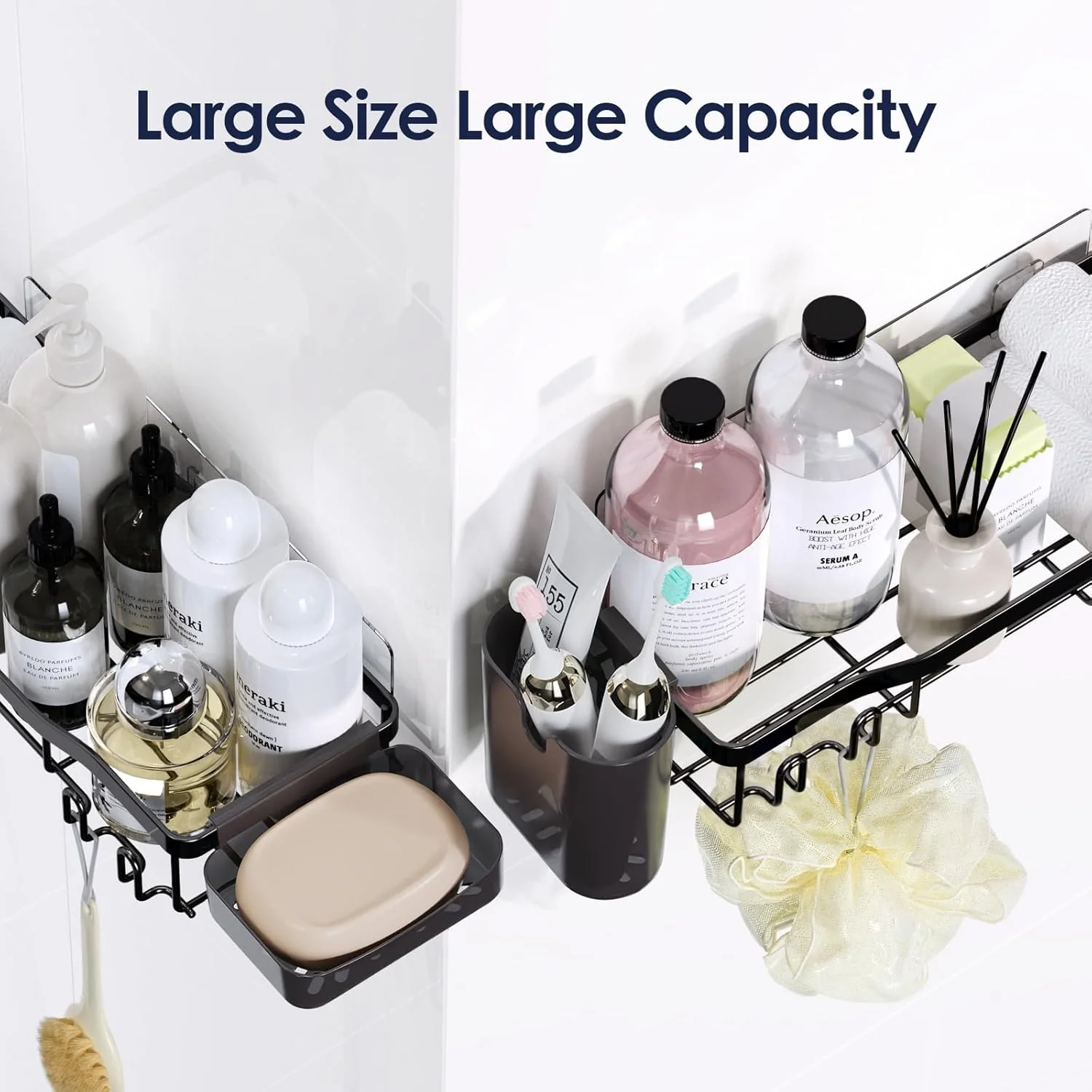 NESOMI Shower Caddy Adhesive Shower Organizer , Rustproof Stainless Steel Bathroom Shelves, Large Capacity No-Drill Rack Storage Accessories with Soap Dish Toothbrush Holder &24 Hooks Home Decor - Image 4