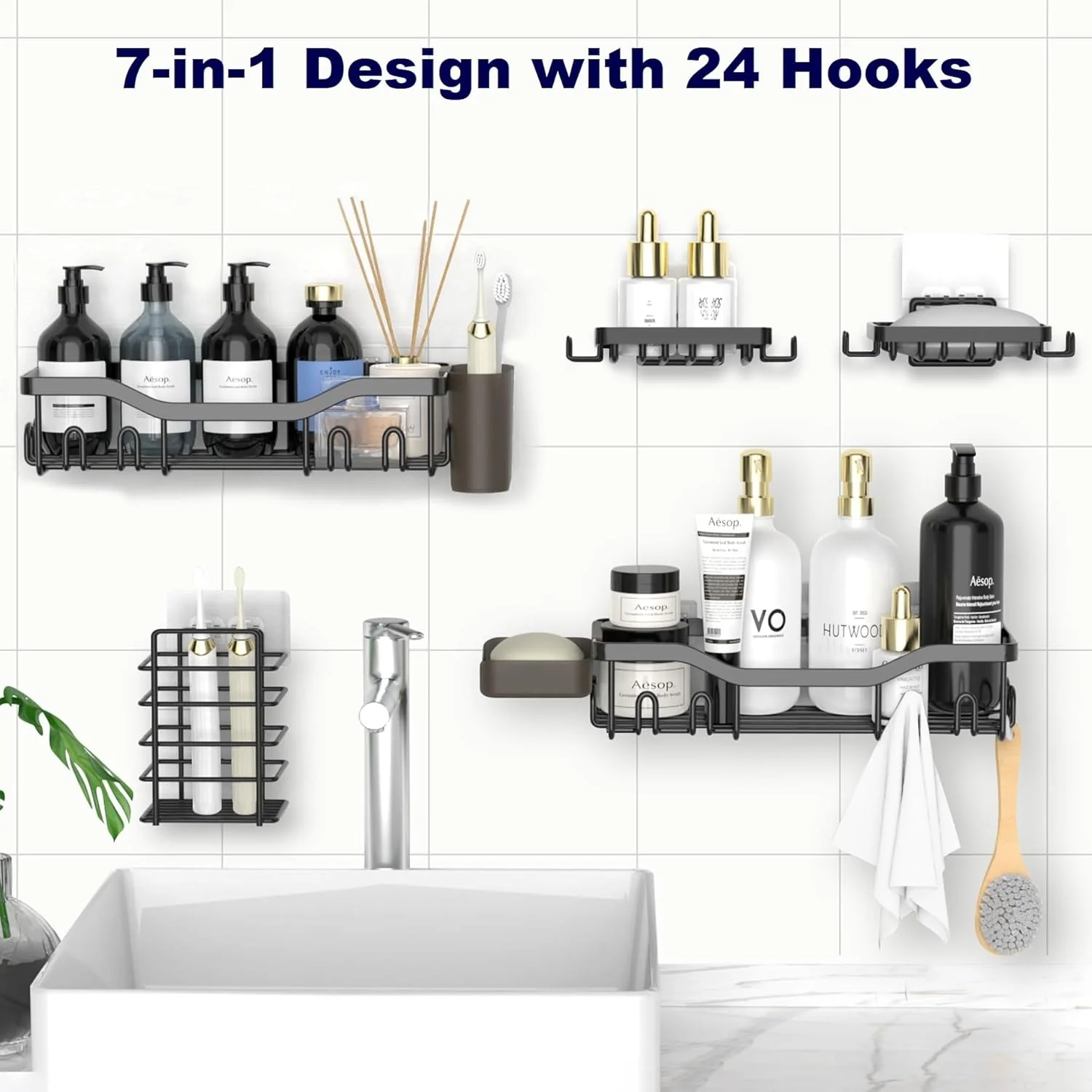 NESOMI Shower Caddy Adhesive Shower Organizer , Rustproof Stainless Steel Bathroom Shelves, Large Capacity No-Drill Rack Storage Accessories with Soap Dish Toothbrush Holder &24 Hooks Home Decor - Image 6