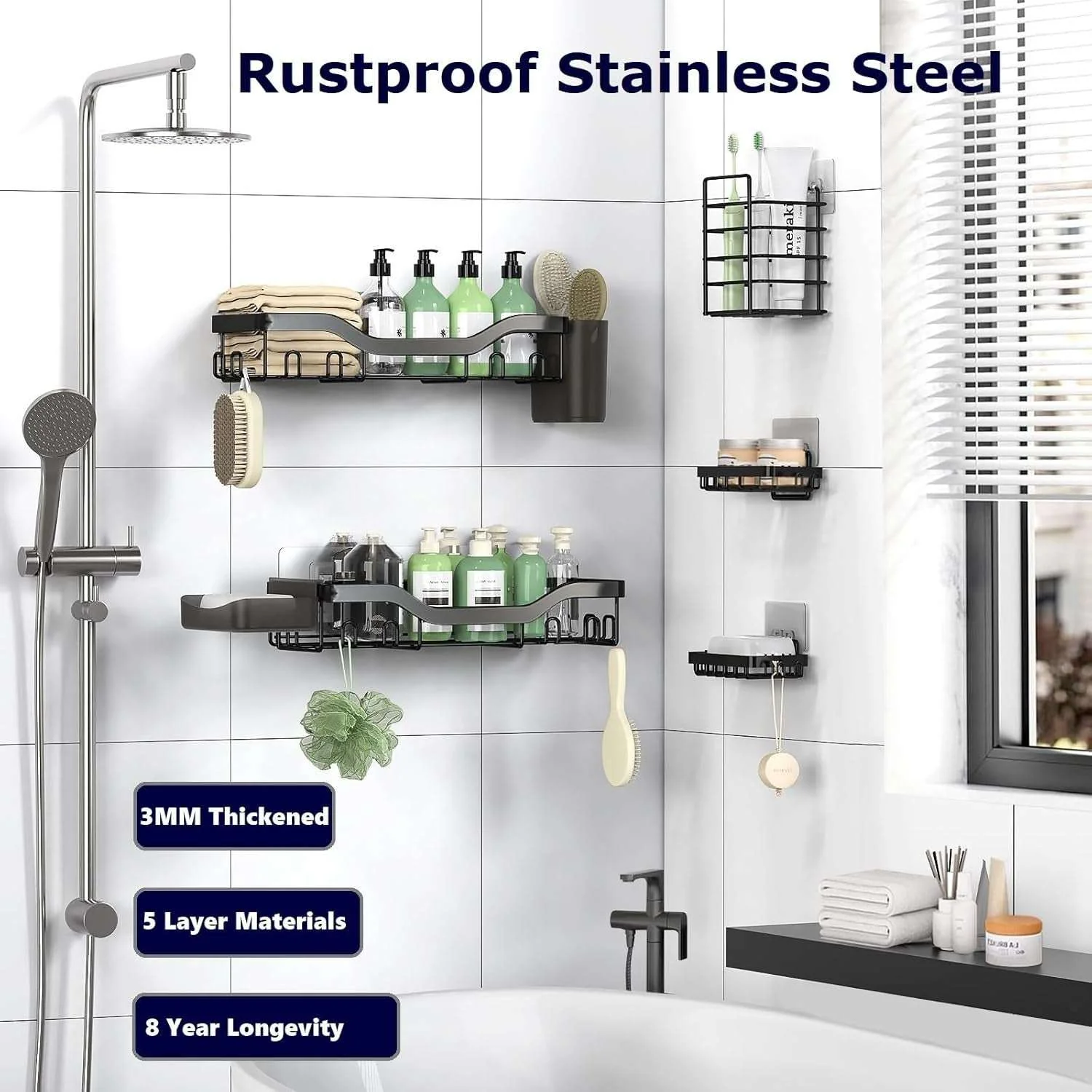 NESOMI Shower Caddy Adhesive Shower Organizer , Rustproof Stainless Steel Bathroom Shelves, Large Capacity No-Drill Rack Storage Accessories with Soap Dish Toothbrush Holder &24 Hooks Home Decor - Image 7
