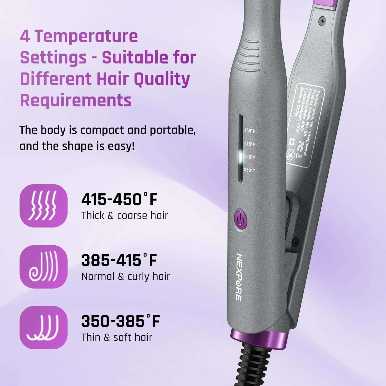 NEXPURE 1/2" Flat Iron Hair Straightener & Curler, 2 in 1 Ceramic Mini Straightener, Travel Iron, 30s Fast Heat Up, Purple - Image 3
