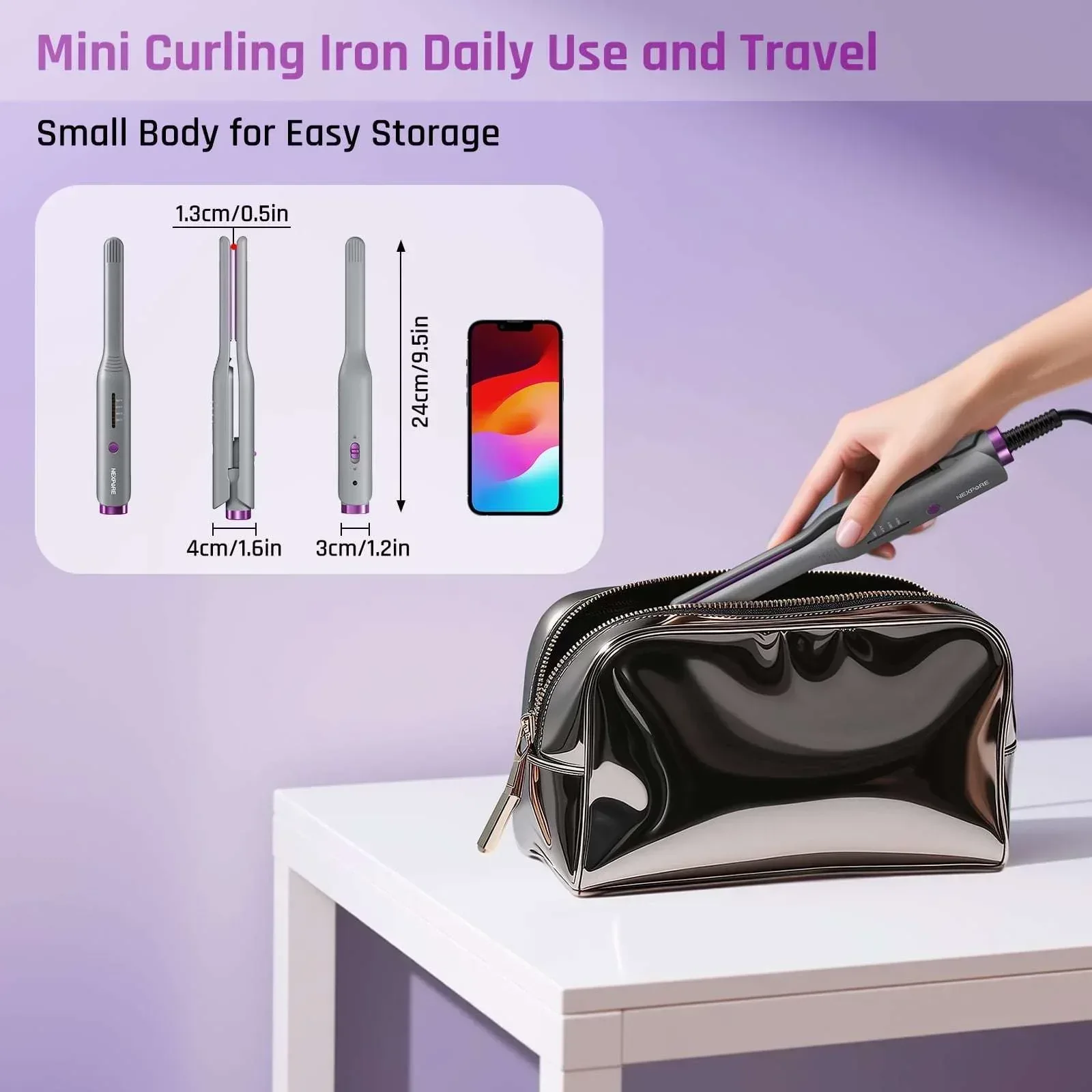 NEXPURE 1/2" Flat Iron Hair Straightener & Curler, 2 in 1 Ceramic Mini Straightener, Travel Iron, 30s Fast Heat Up, Purple - Image 7